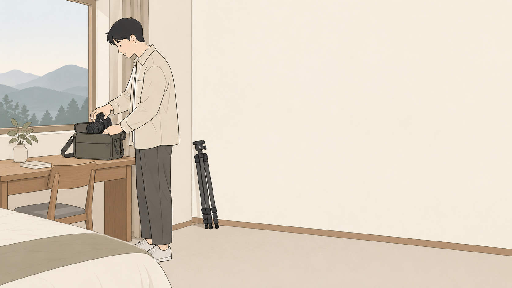 朝の宿で、カメラをバッグへ戻しながら持ち帰る一式を整理する成人男性と、折りたたんだ三脚