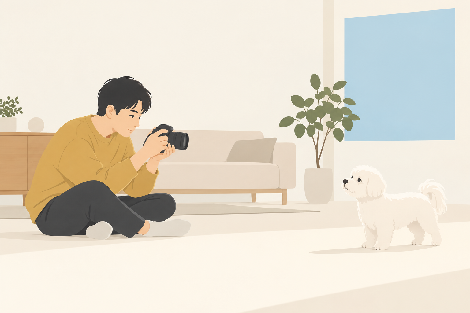 室内で低い目線から犬猫をカメラで撮る人のイメージ