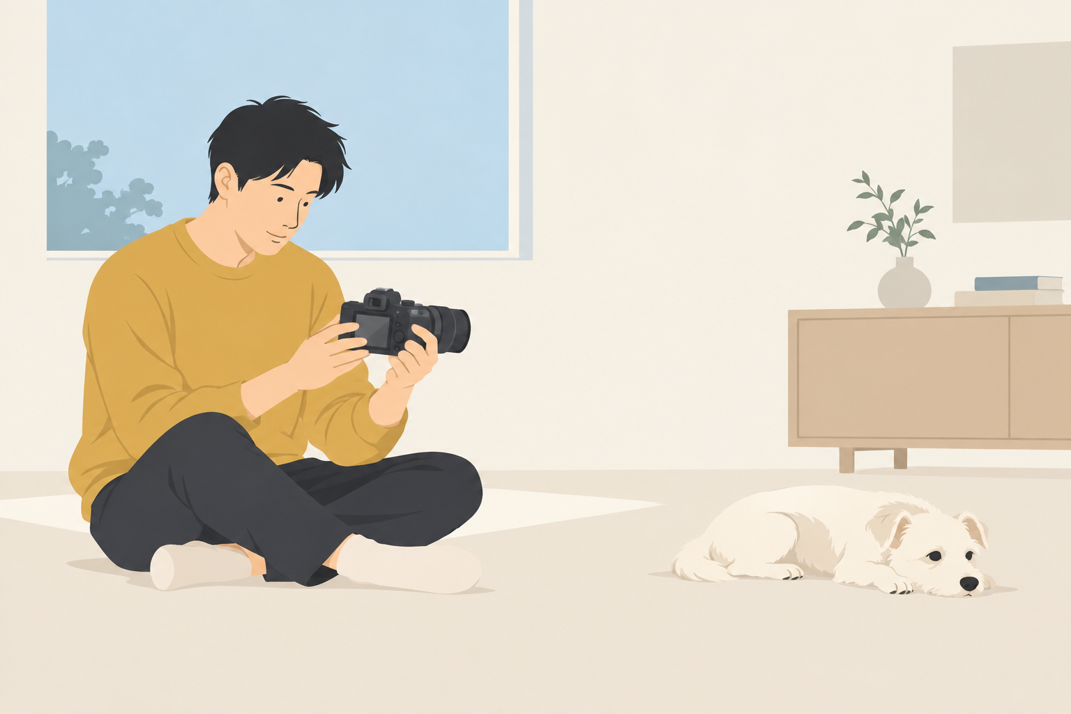 休む白い犬のそばで、撮った写真をカメラの背面画面で見直す男性の挿絵