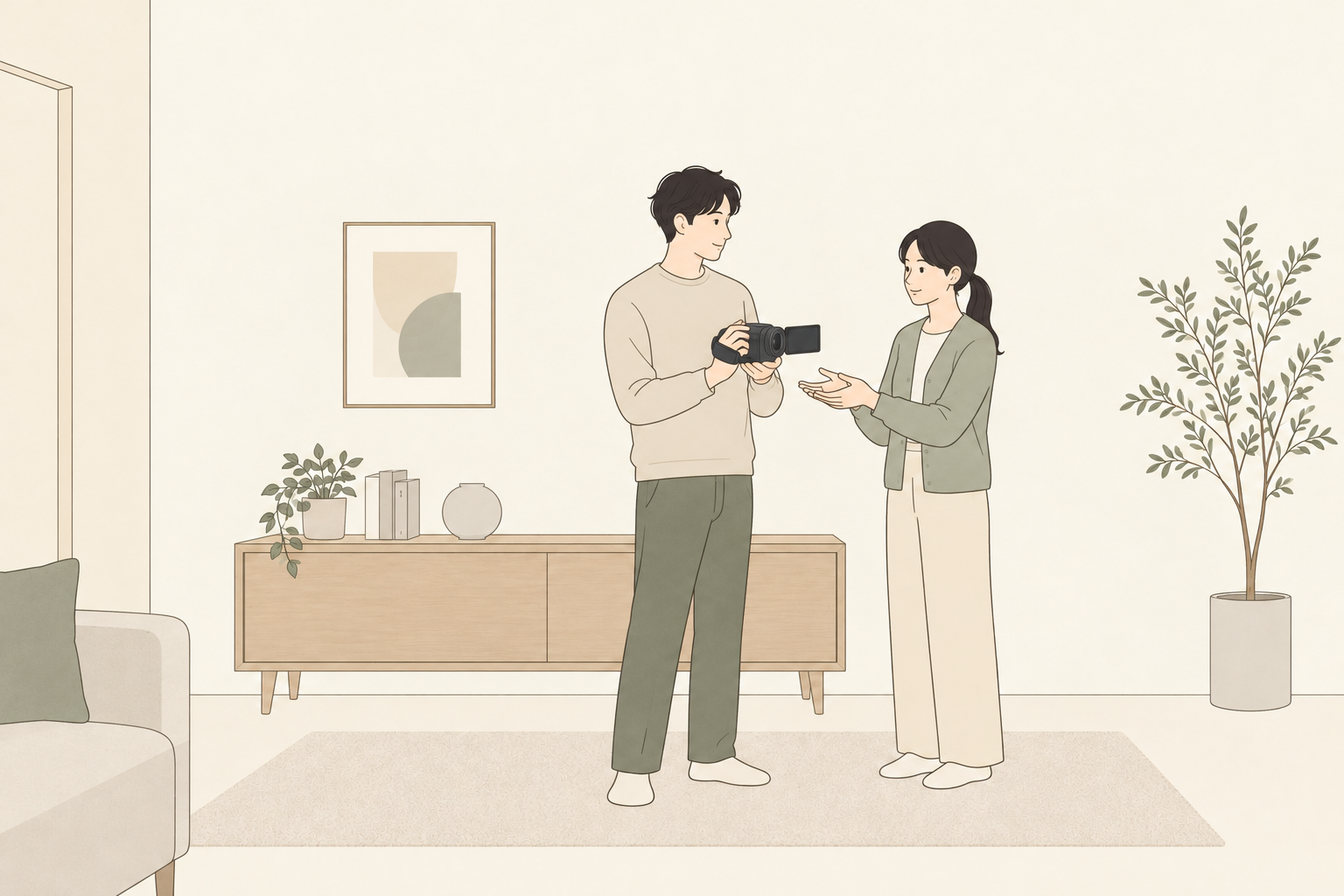 大人二人が自宅でビデオカメラを持ち替えて操作を試す挿絵