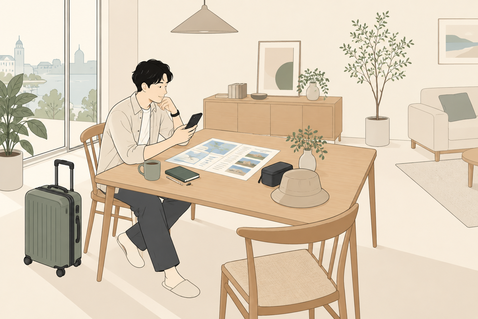 旅行前にスマホの契約と旅程を確認する旅行者