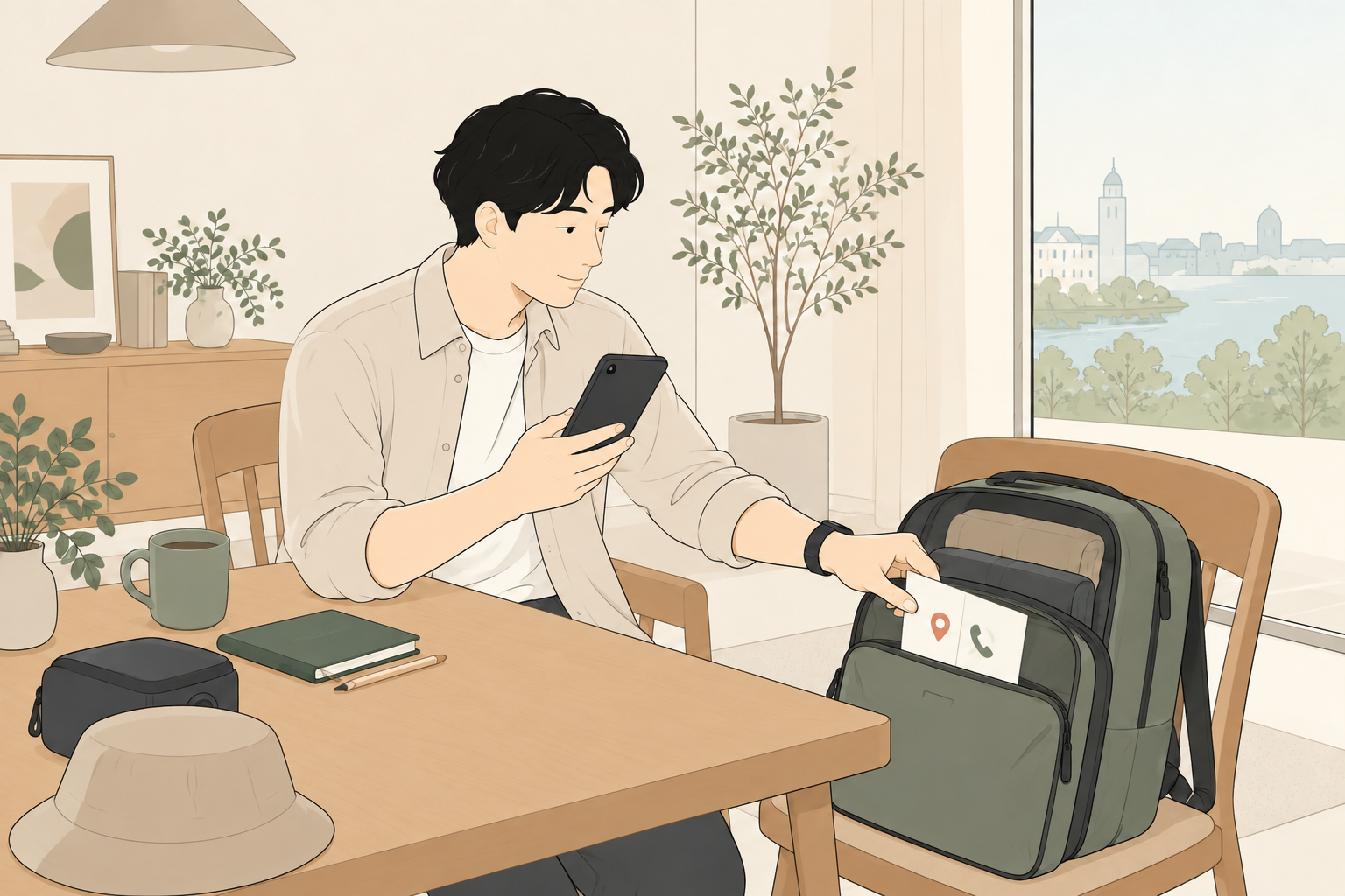 出発前の机でスマホ内の保存物と紙の住所・連絡先を用意する旅行者