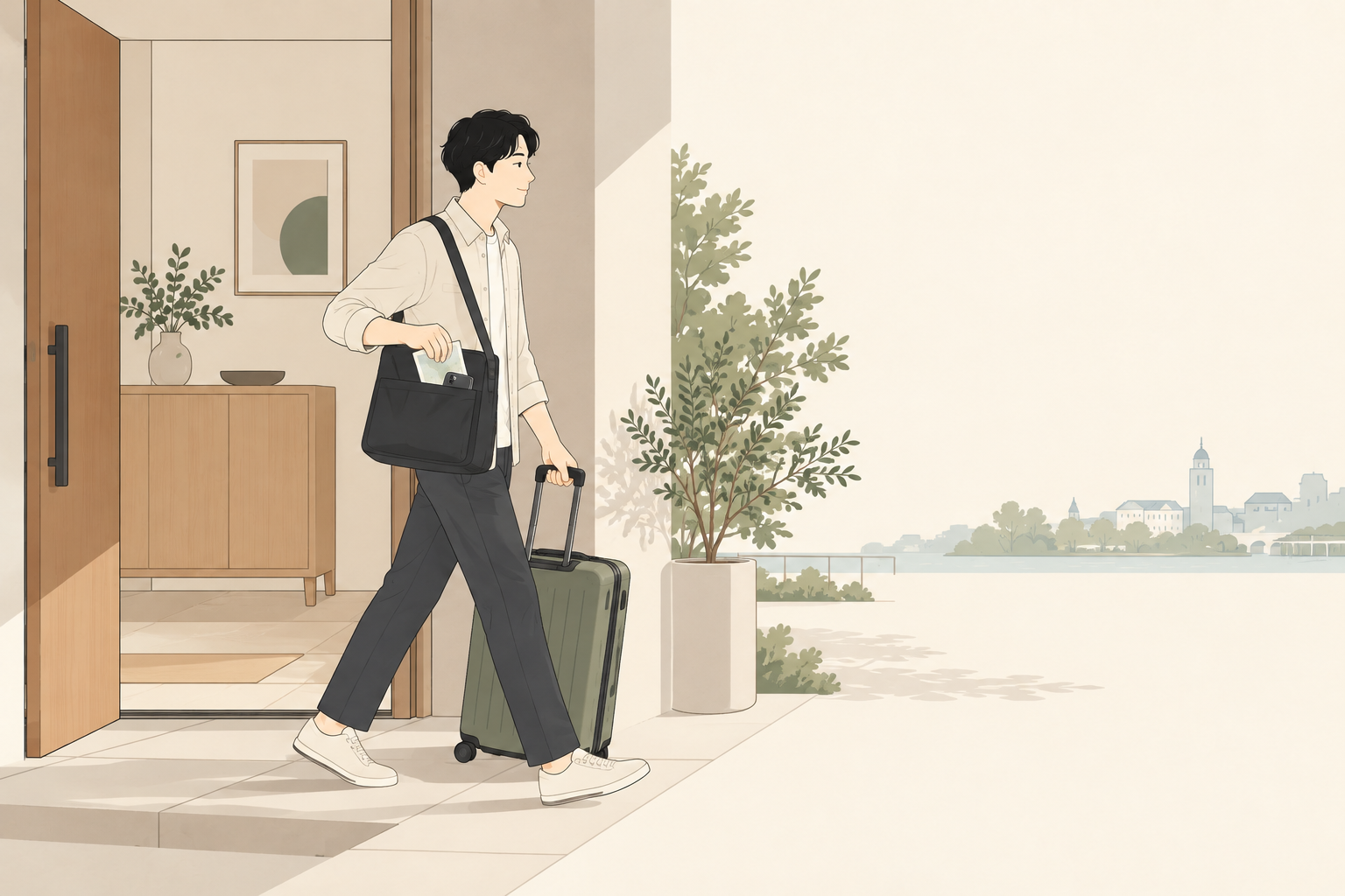手持ちのスマホと紙の控えをバッグに収めて出発する旅行者