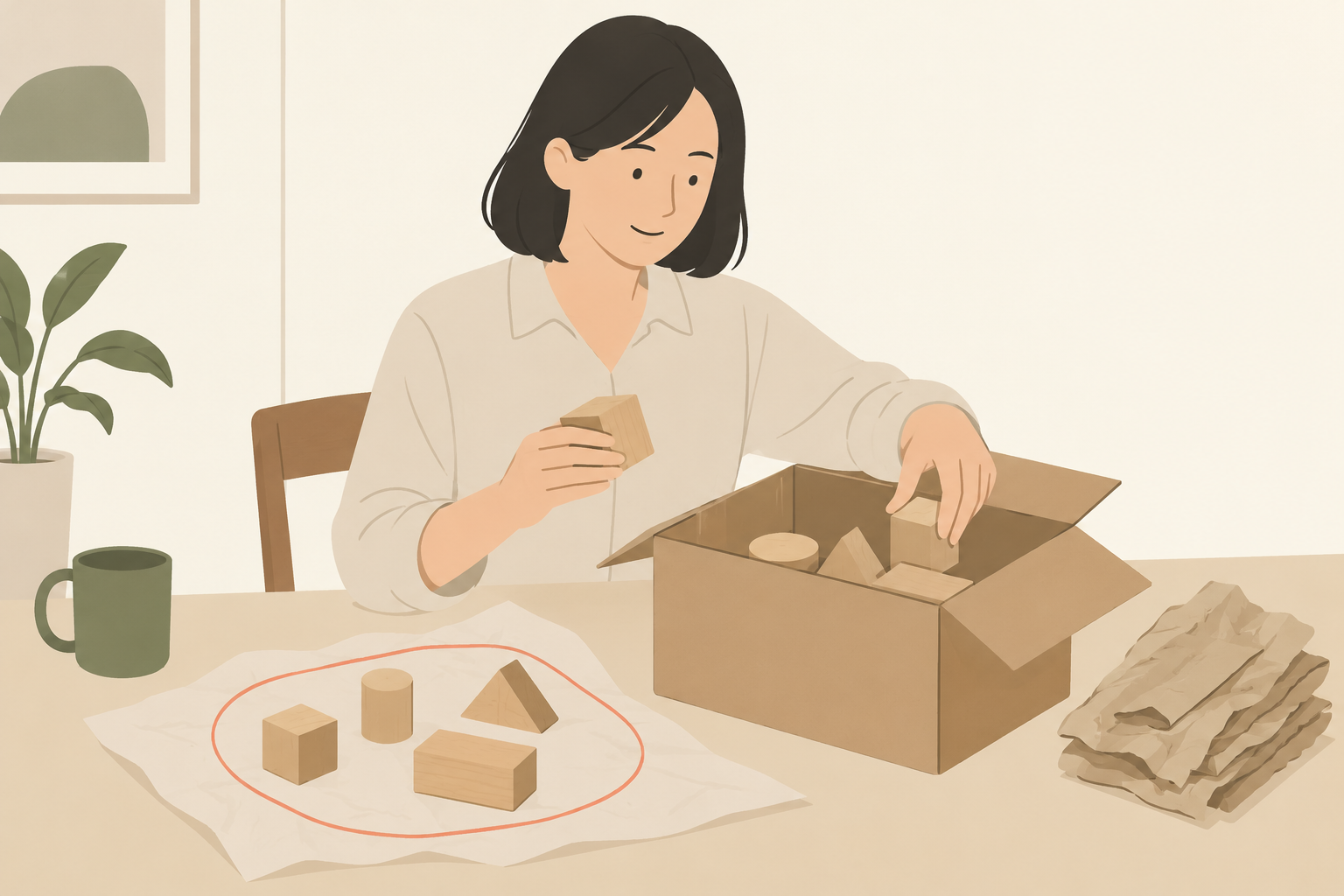 返却用の箱と緩衝材を保管し、木のおもちゃの部品を確かめて梱包する場面のイラスト