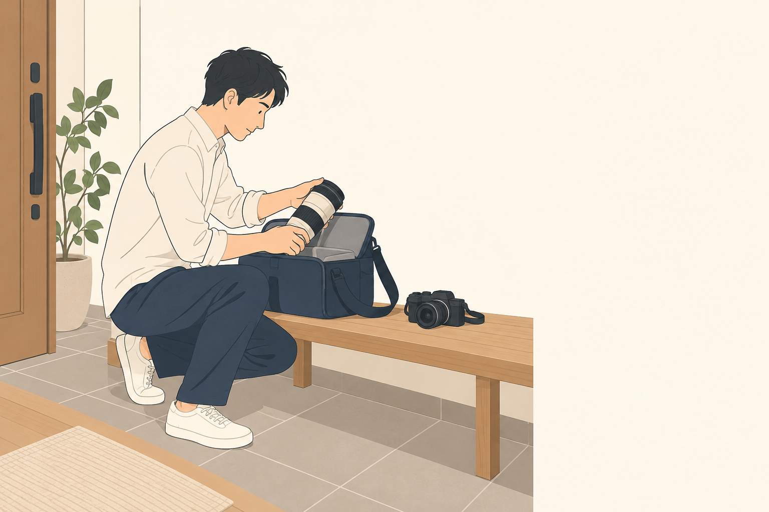 自宅でカメラと望遠一本をバッグへ準備する保護者