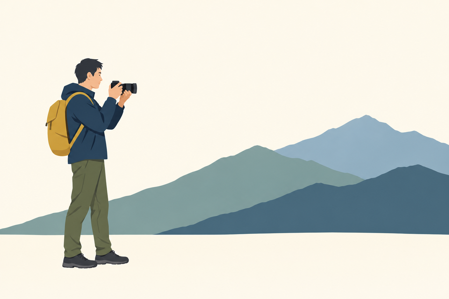 日帰りの山歩きでカメラを構える人のイメージ