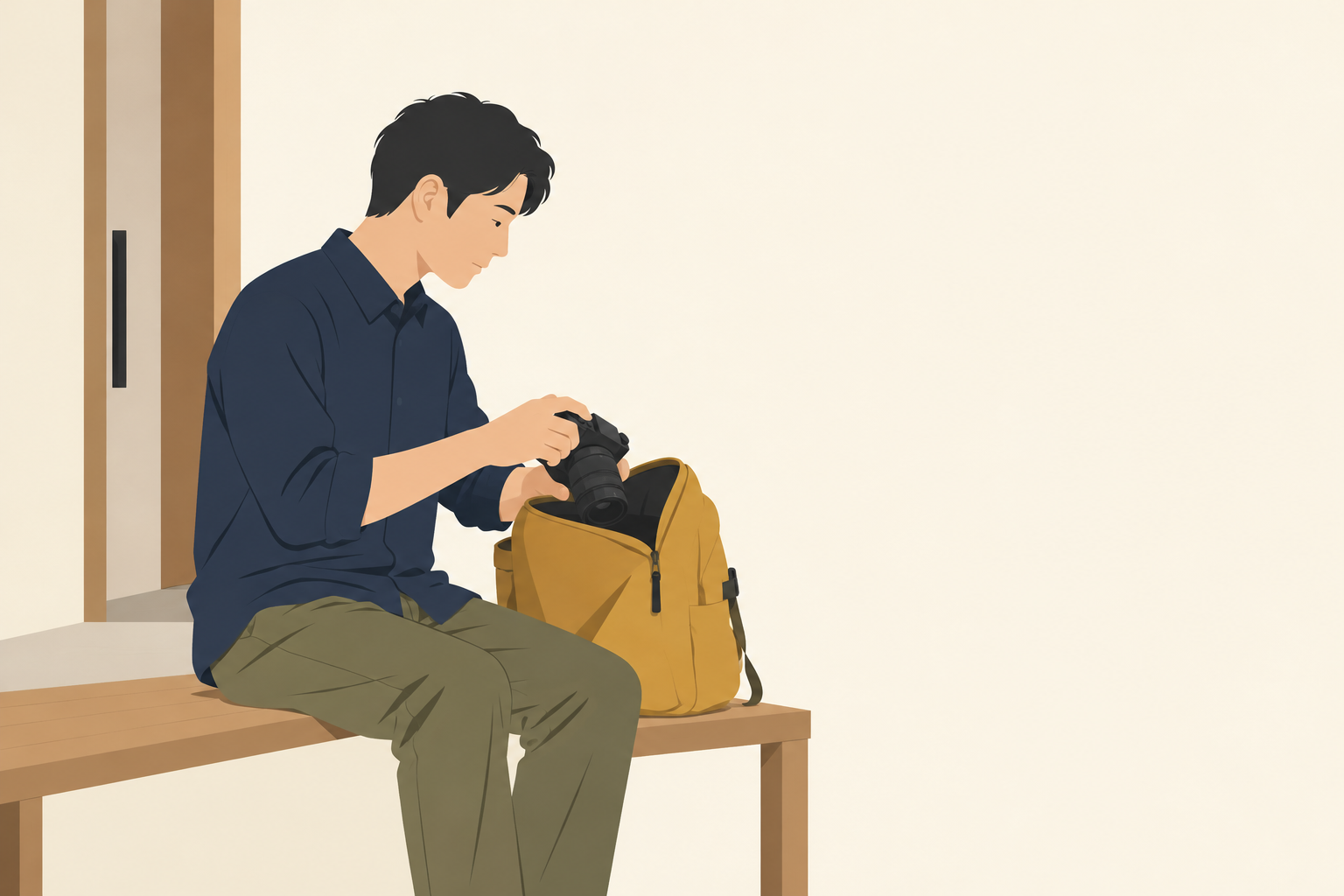 出発前の家で、カメラを開いたバッグへ収める人のイメージ