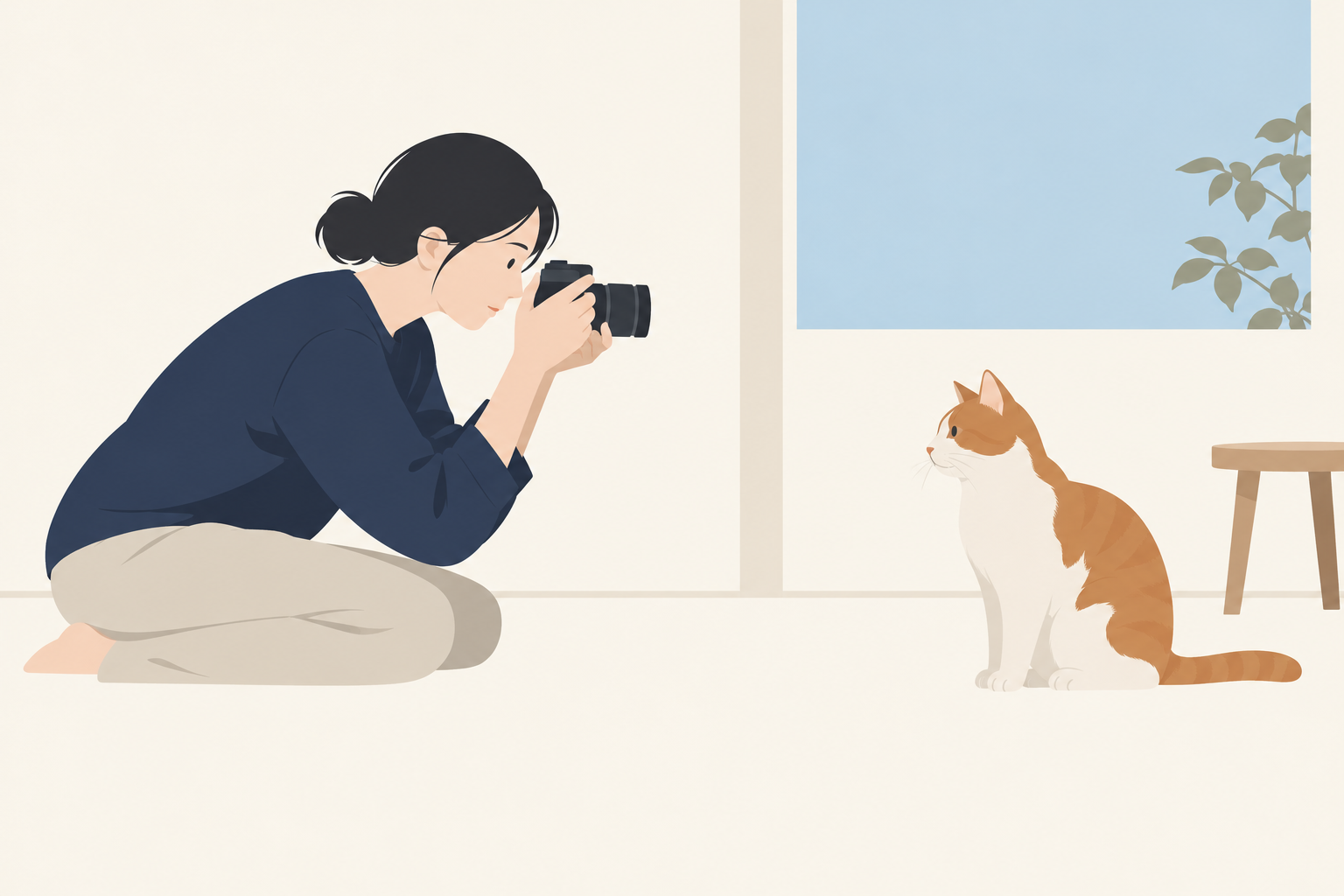 室内で低い目線から犬猫をカメラで撮る人のイメージ