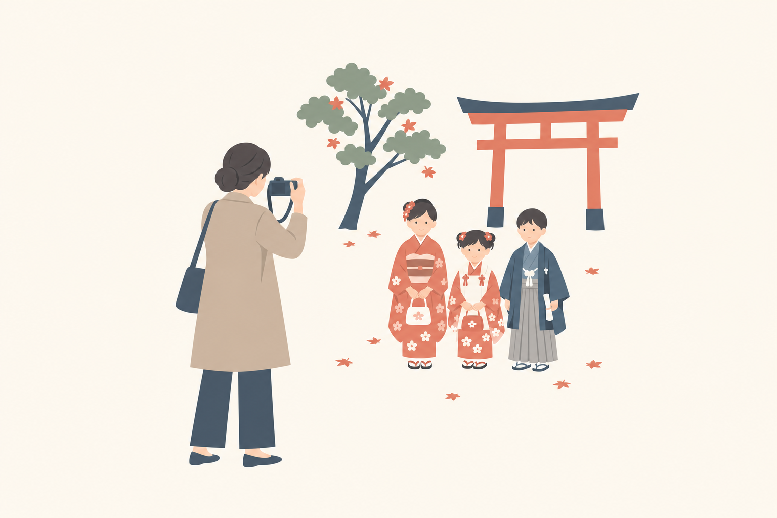 標準ズームを付けたカメラで七五三の子どもたちを撮る親のイメージ