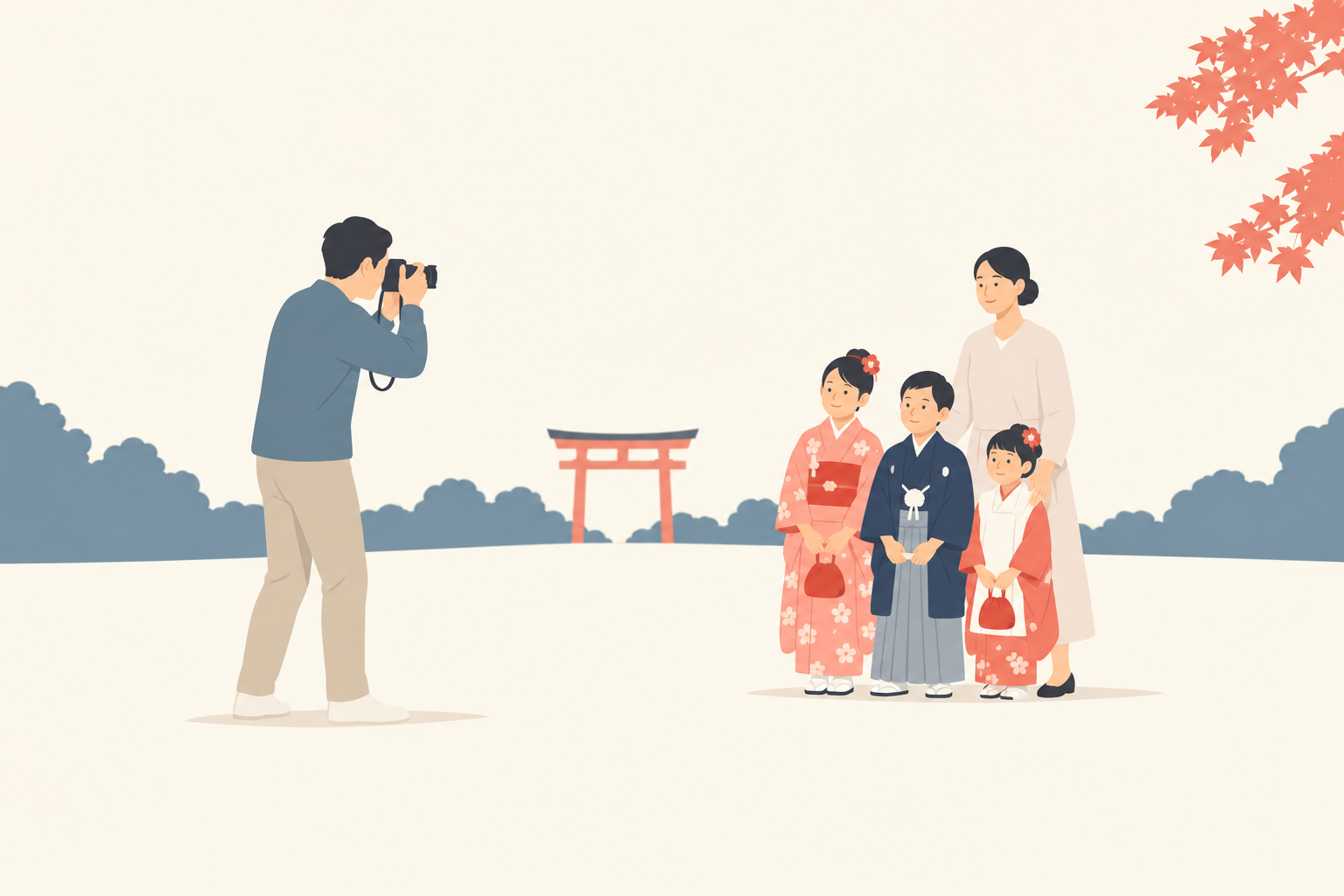 別の撮影役が確保できた場合に、親も子どもたちの集合写真へ入る場面のイラスト
