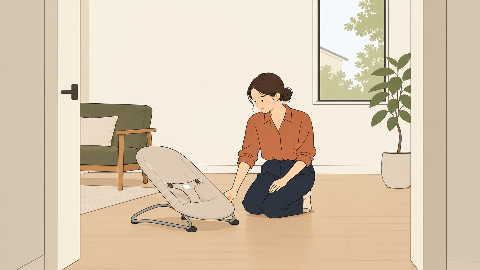 平らな床に置いた空のバウンサーと、大人が近くに座る場所を考えるイメージ