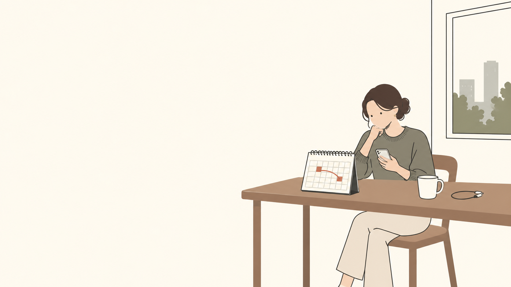 自宅でカレンダーとスマホを使い公演前後のレンタル日程を考える成人のイラスト