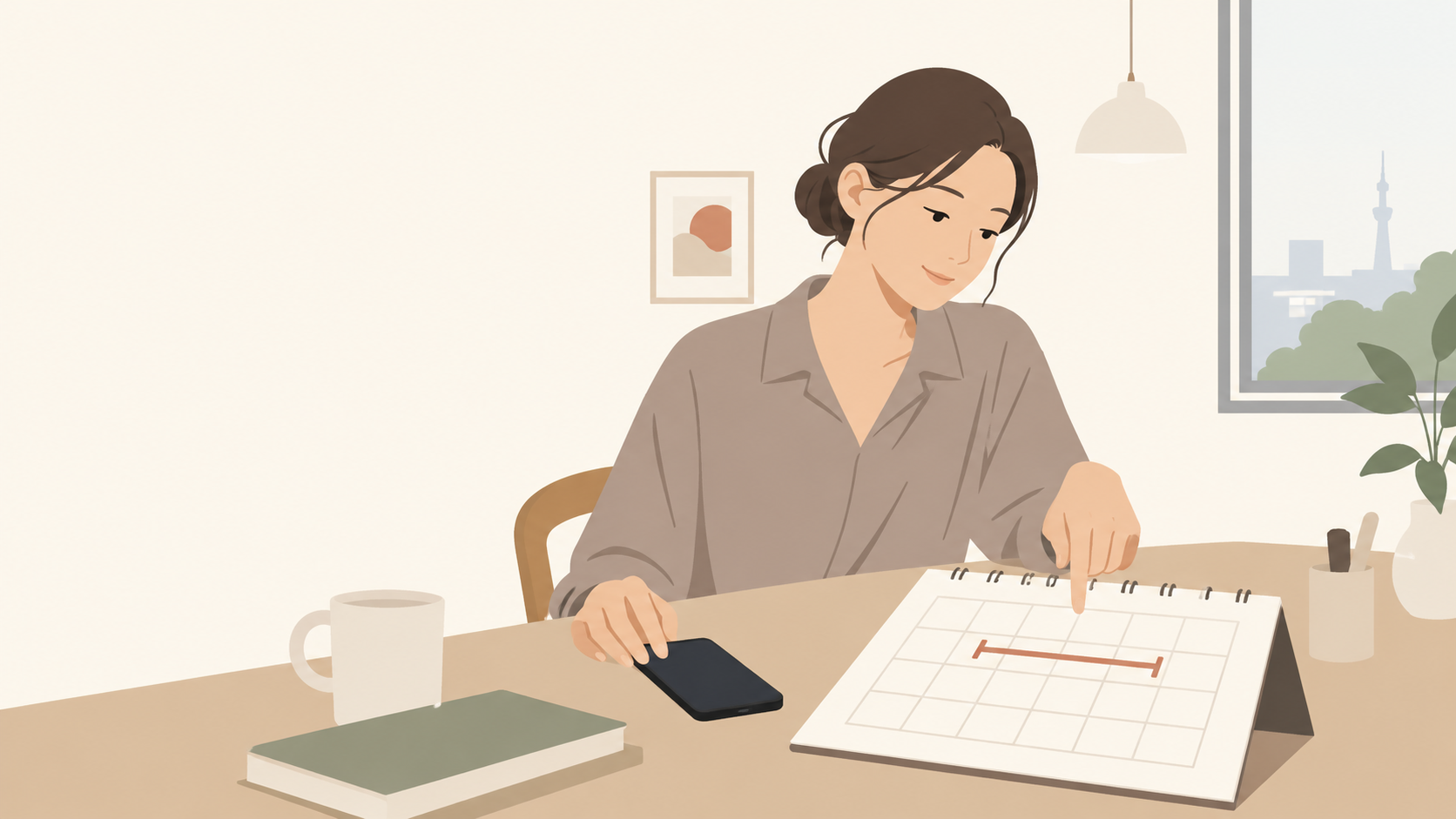 自宅でスマホとカレンダーを使いレンタル期間を見比べる場面のイラスト