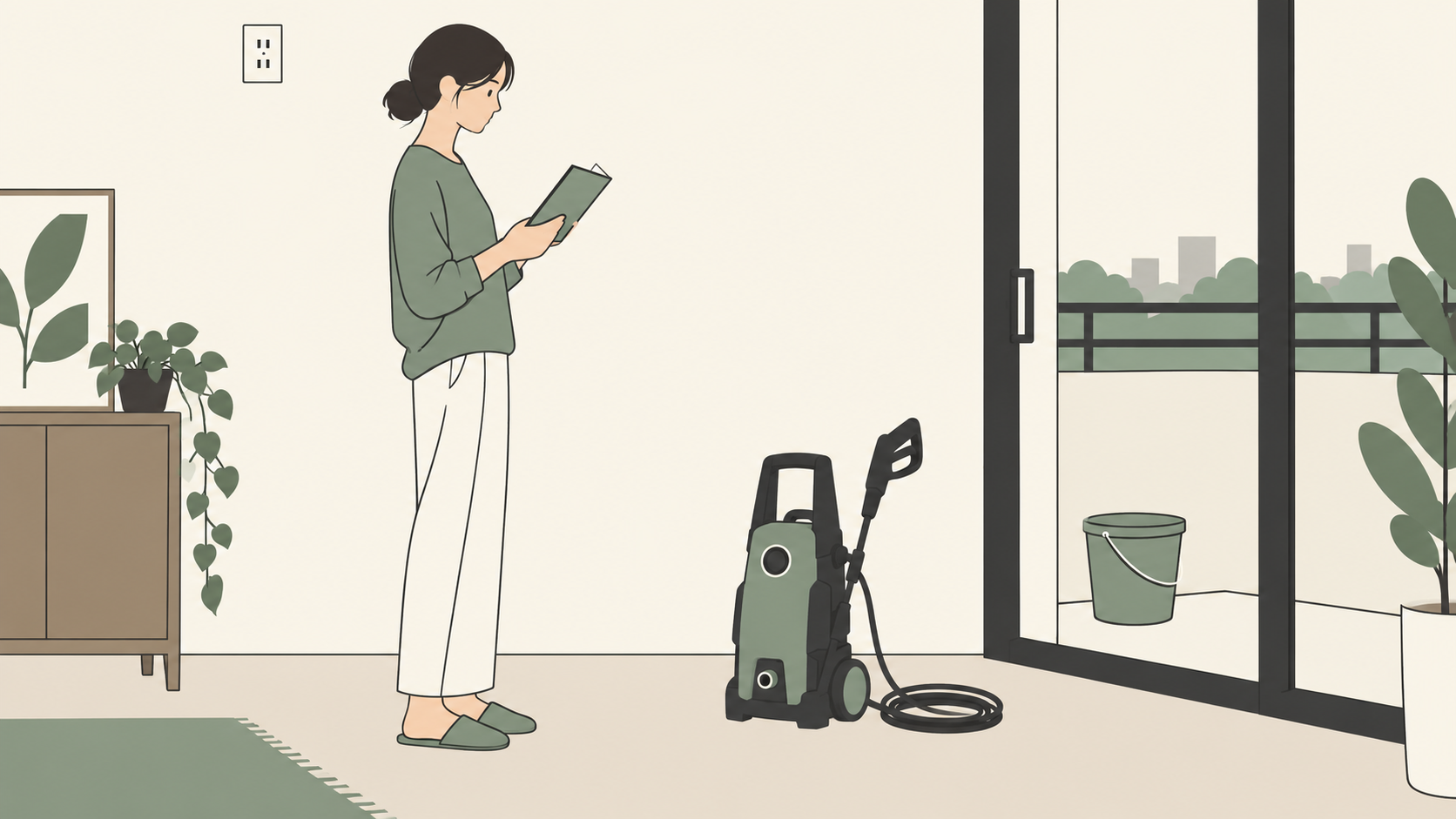 乾いた室内で説明書と電源の条件を確認する成人