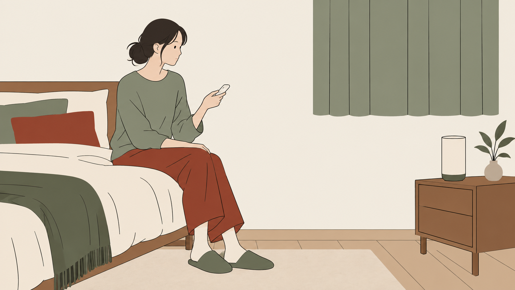 寝室で置き場所と操作を確認する人のイラスト