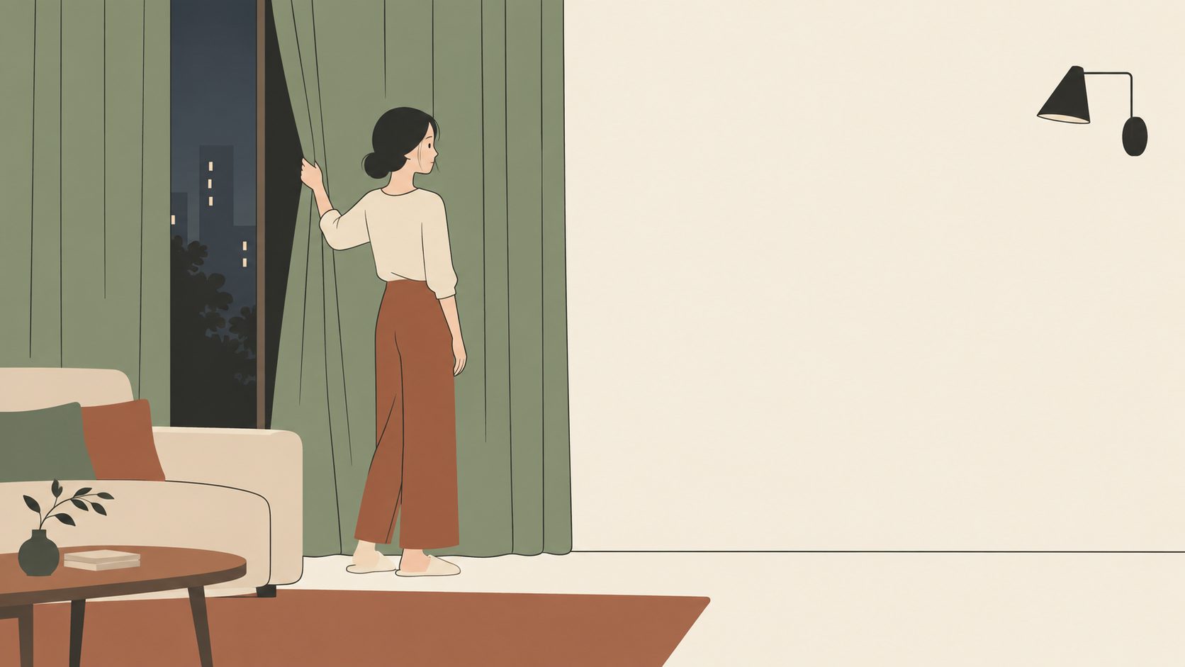 カーテンを閉めて視聴環境を整える人のイラスト