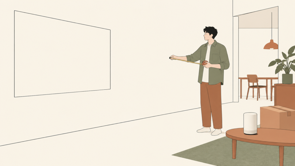 壁と設置位置を採寸して購入前の試用を計画するイラスト