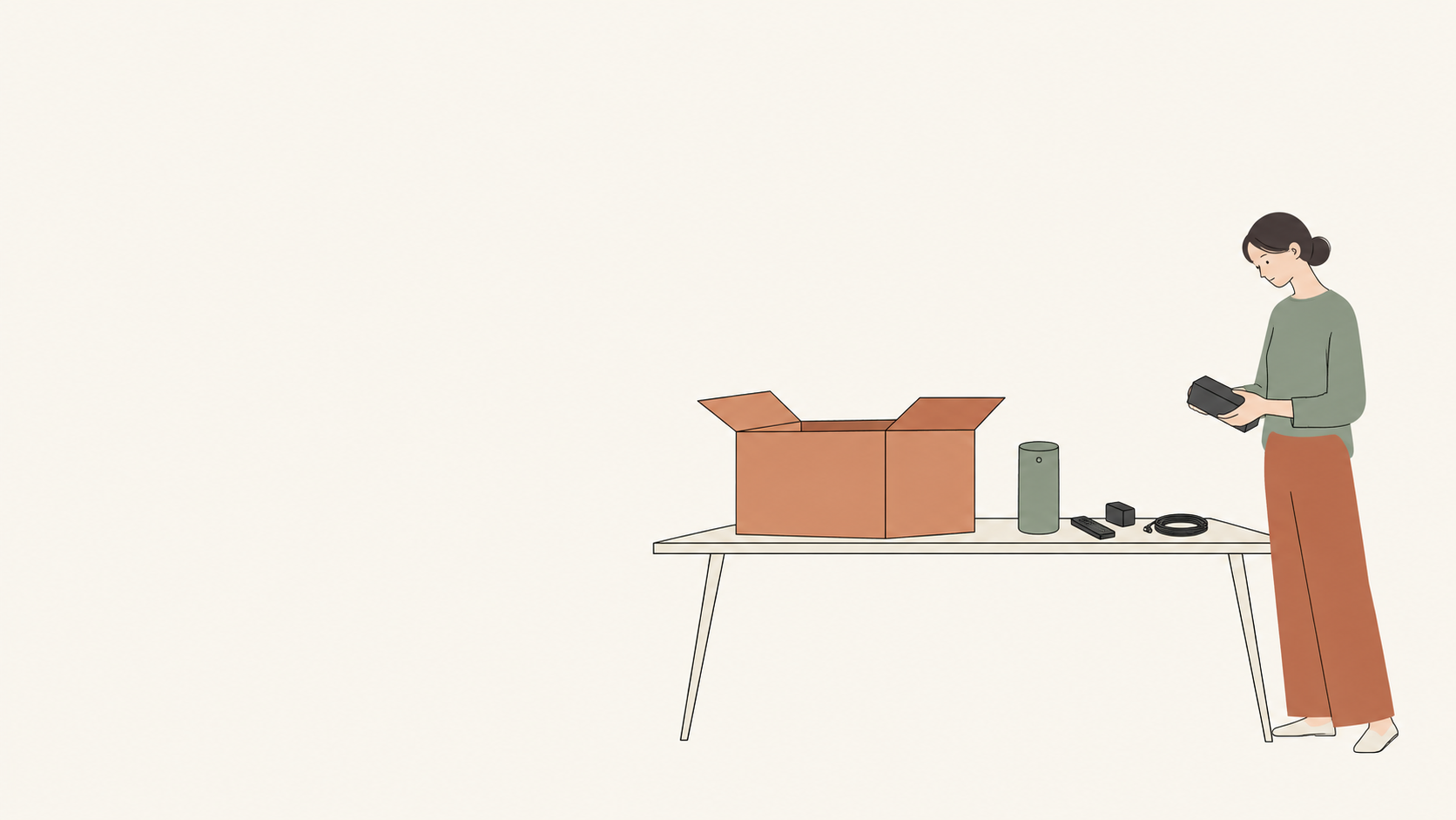 箱と付属品を照合して返却準備をする人のイラスト