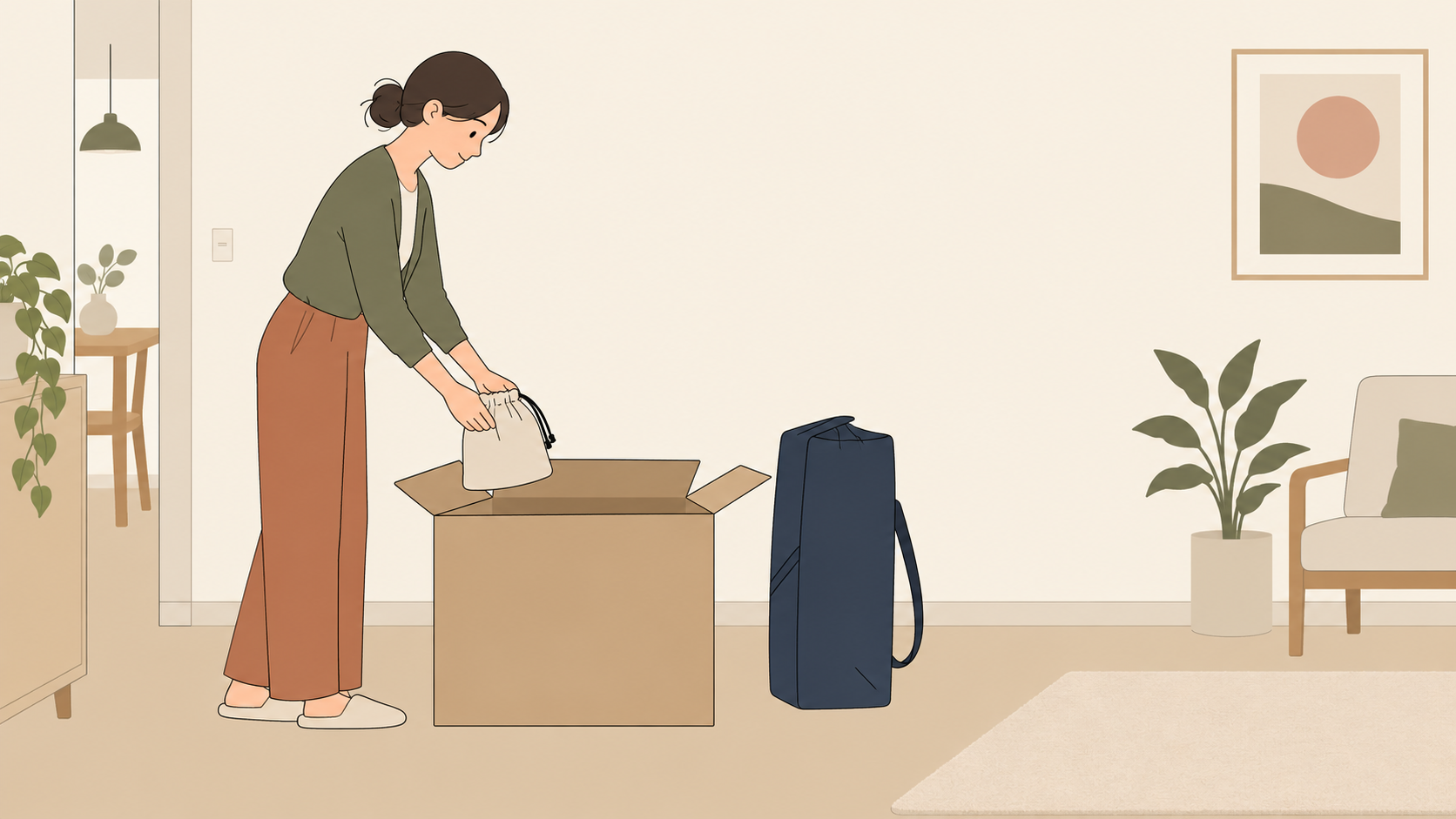 成人が室内で部品袋と梱包箱をそろえて返却準備をするイメージ