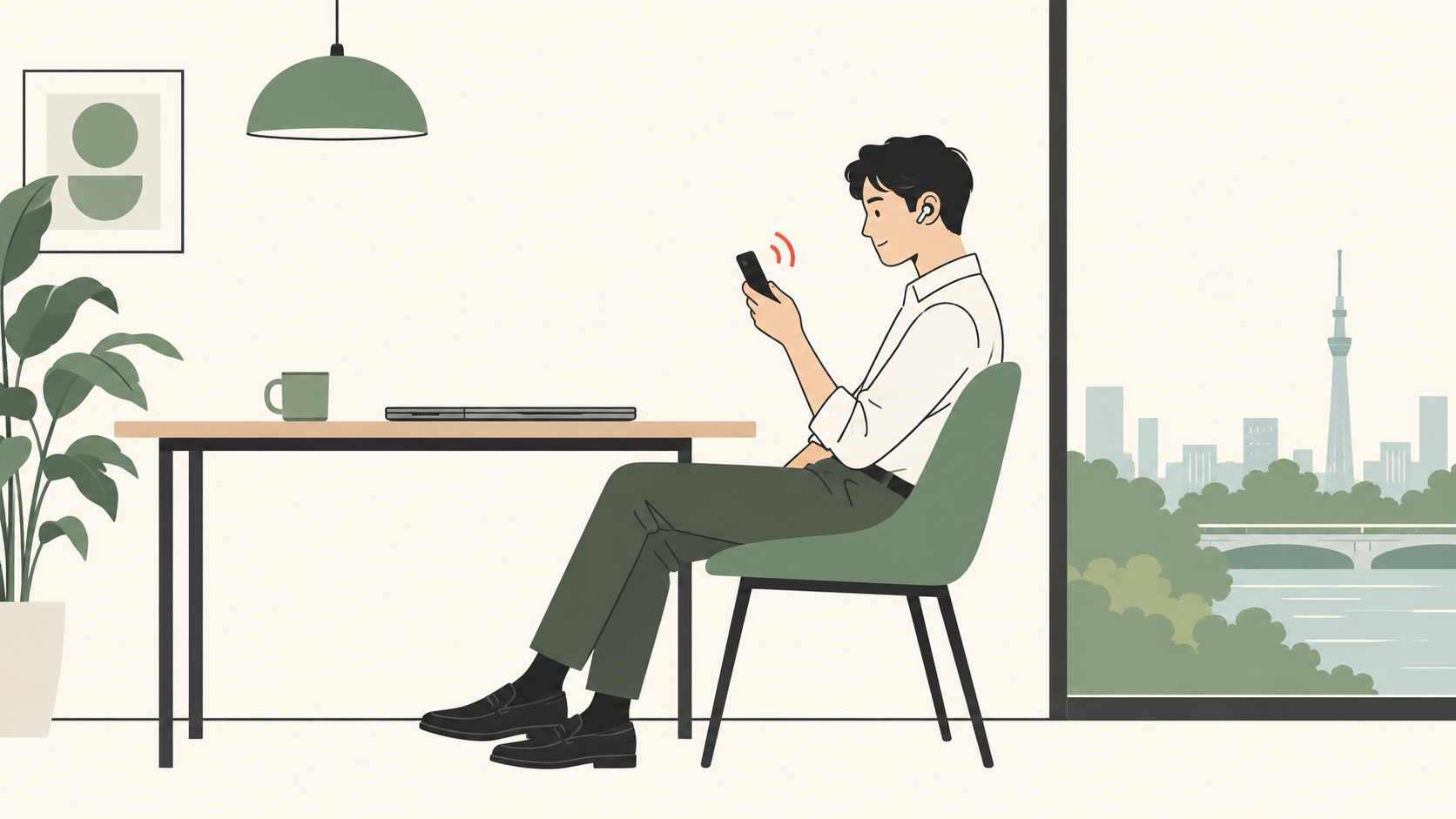 会議を終えてイヤホンの音源をスマホへ戻す成人のイメージ