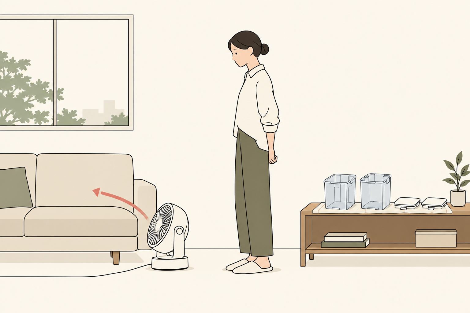 ソファに風を当てる場面と取り外したタンクを別の場所で乾かすイラスト