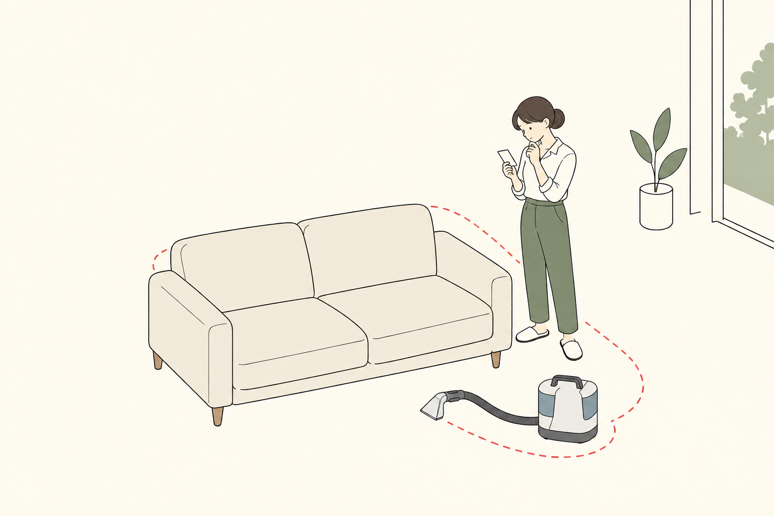 室内のソファとリンサーを前に、借りる条件を確認する人のイラスト