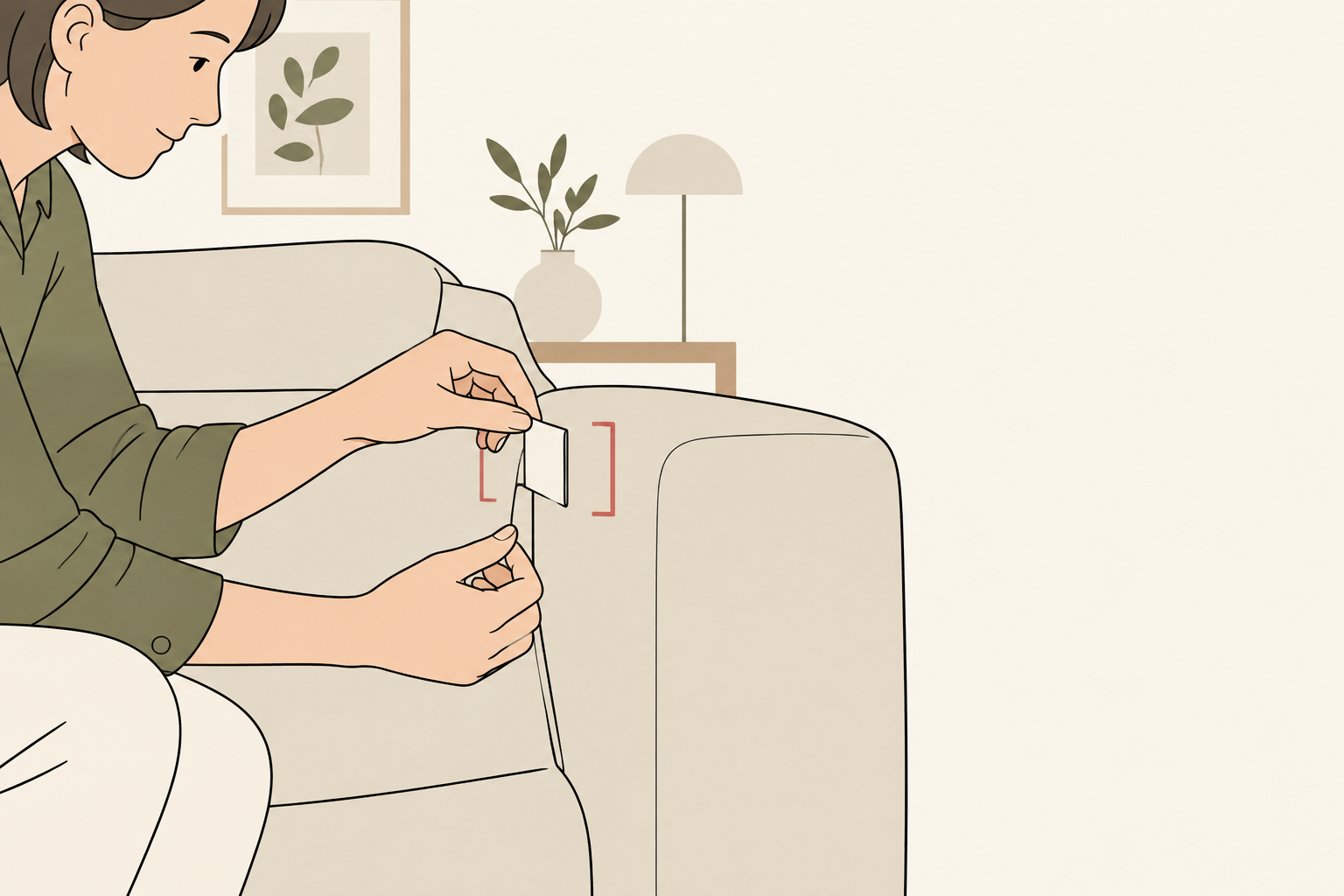 室内のソファの取扱い表示を確認する人のイラスト