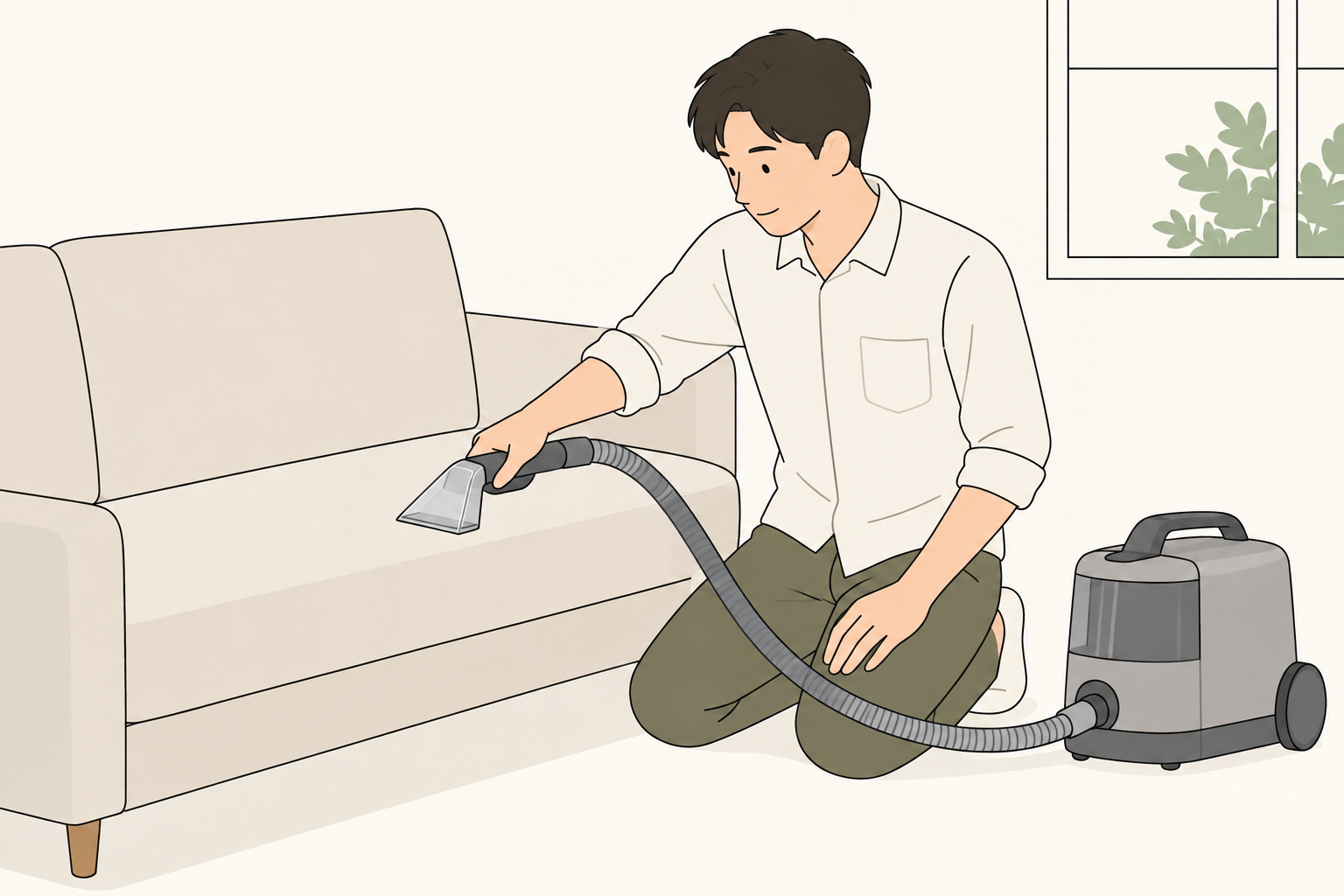 室内の布ソファにヘッドを当てて吸引する人とリンサーのイラスト