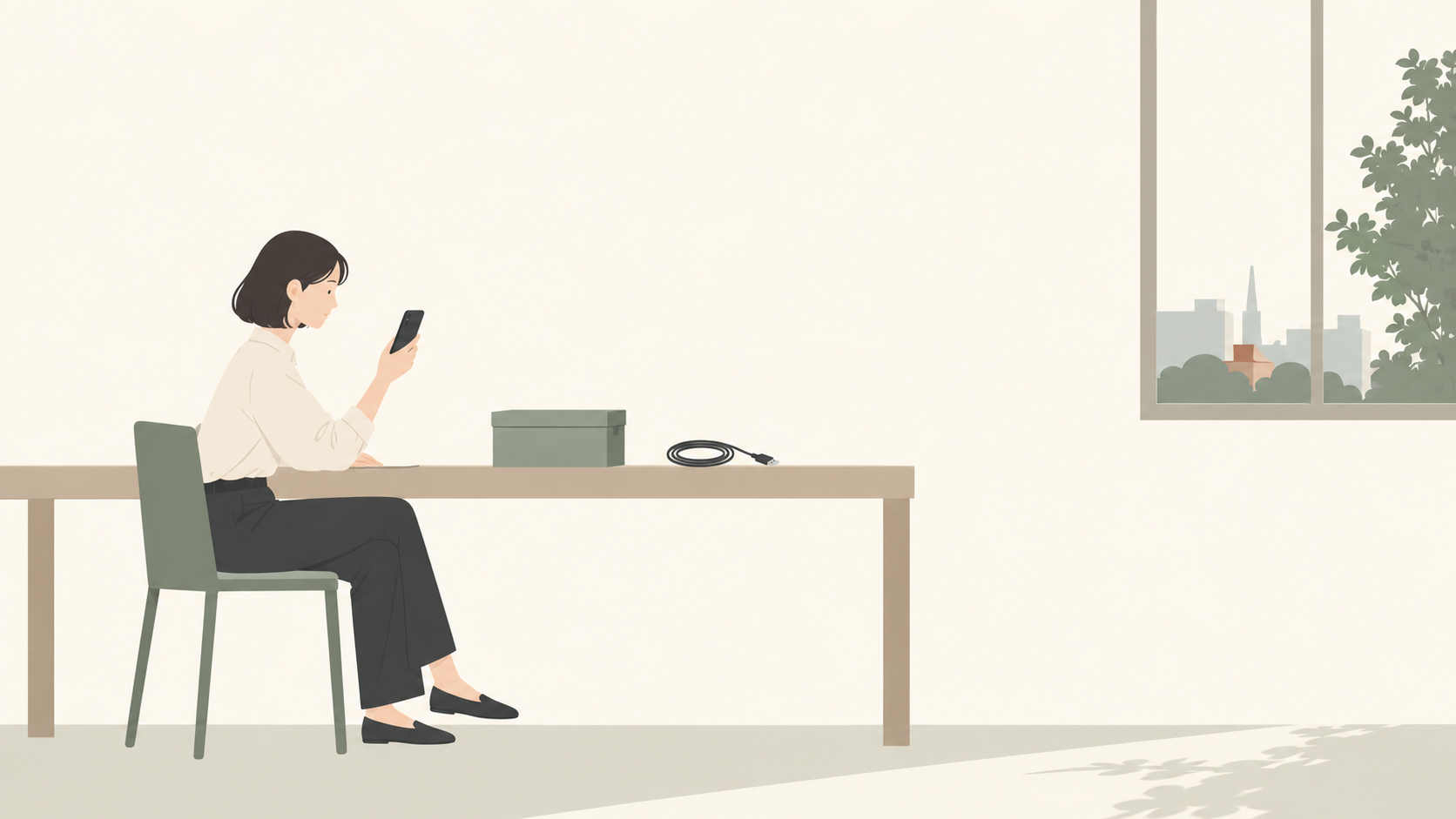 自宅で撮影用スマホの動画設定と空き容量を確認する成人のイラスト