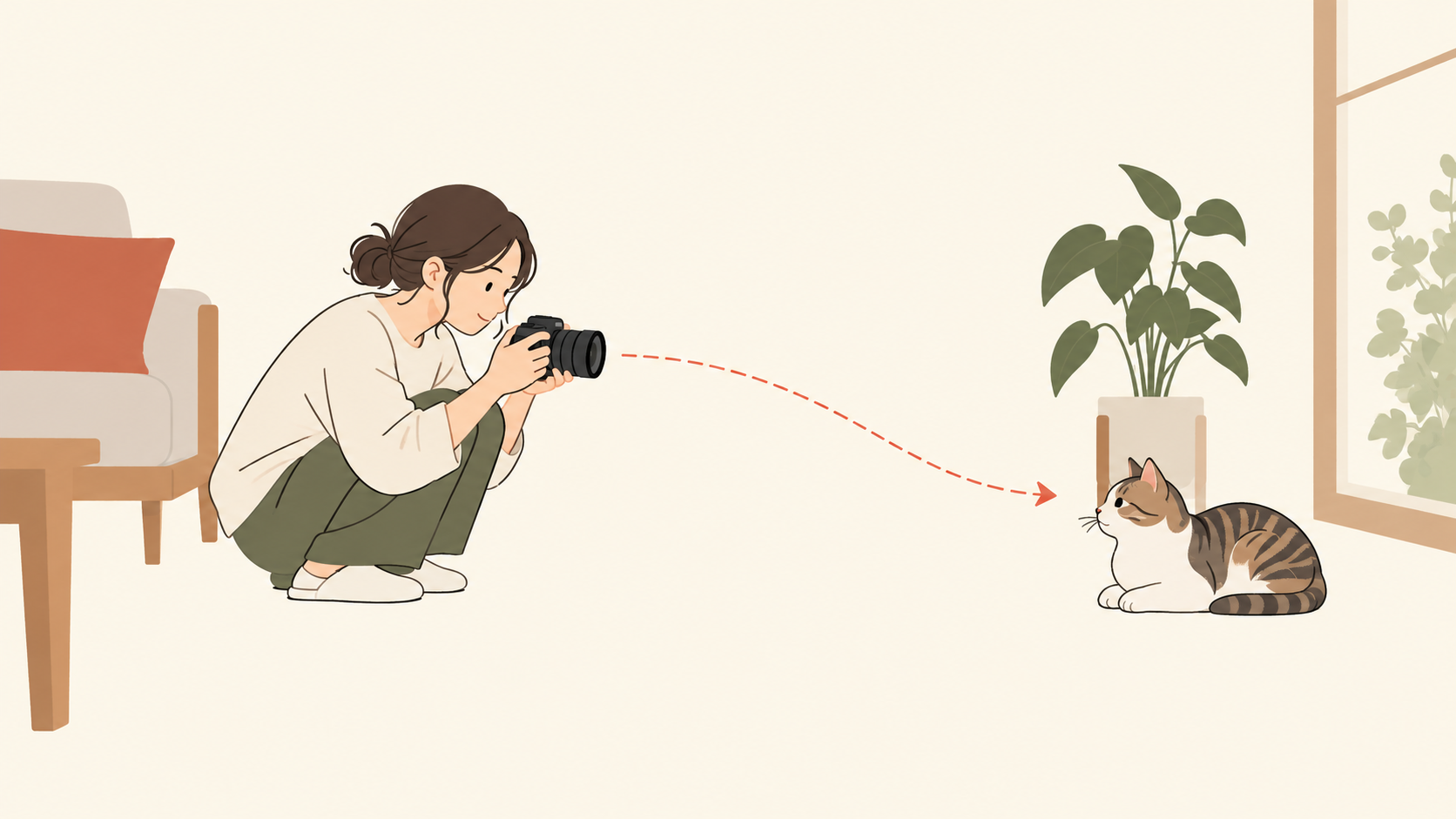 自宅で犬猫の目線に近い低い位置からカメラを構える人の挿絵