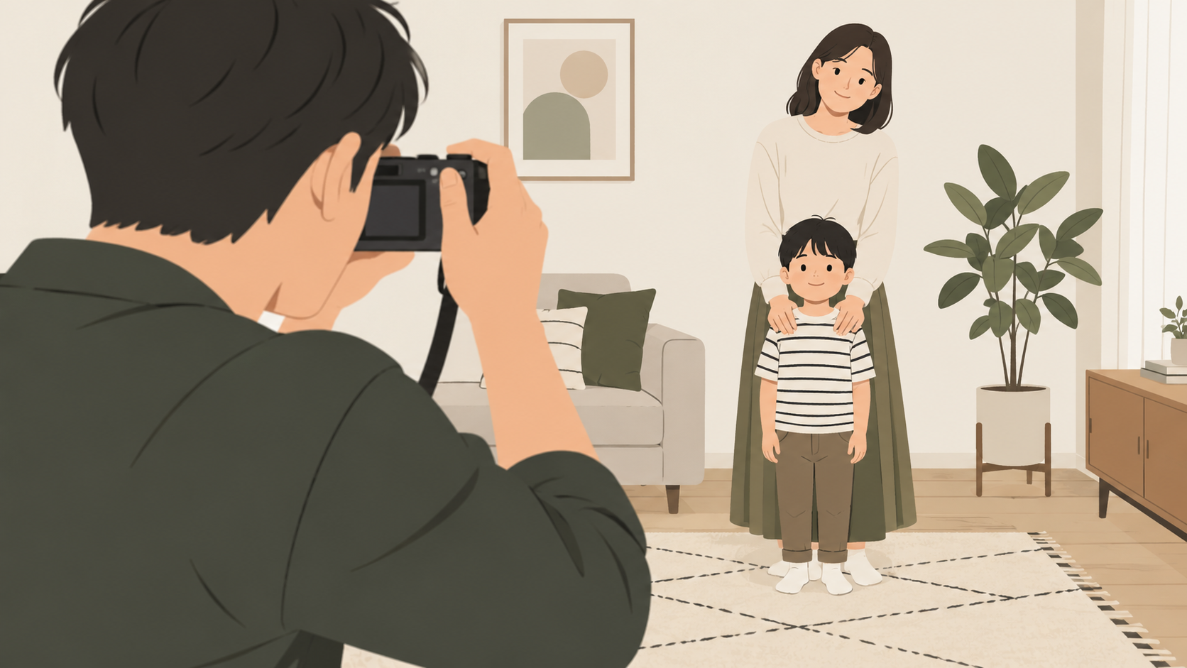 自宅でキットレンズを使い、子どもの全身と家族の写る範囲を確かめる親