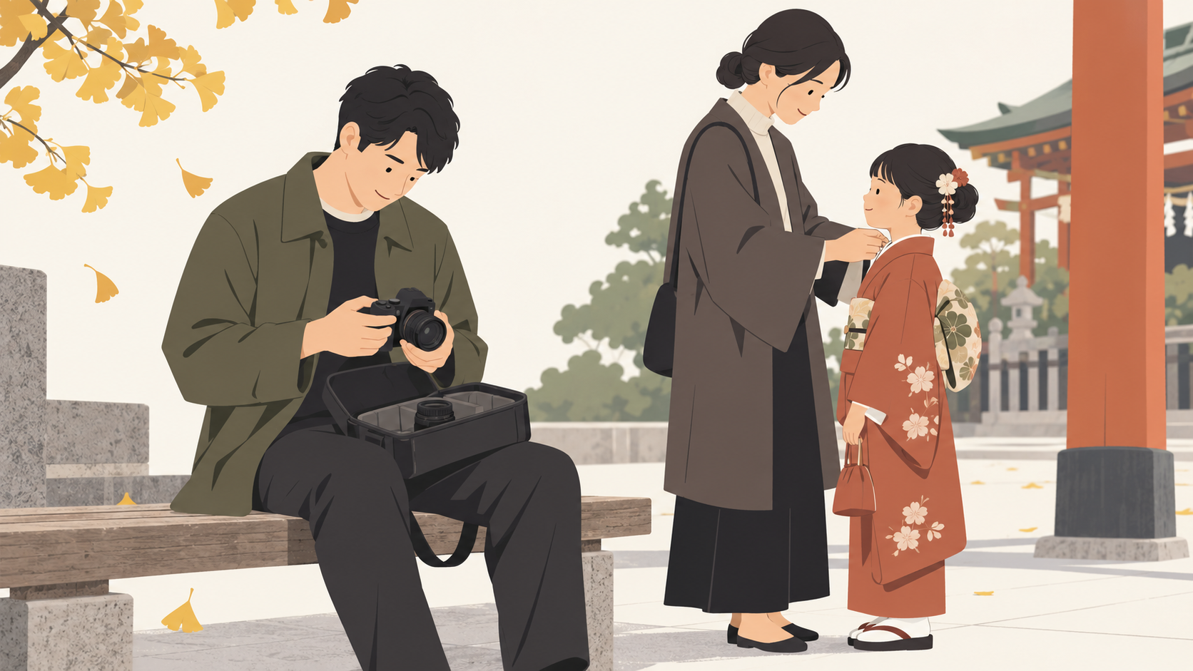 付き添い役が子どもを見ている休憩中、撮影役が落ち着いてレンズを交換する場面