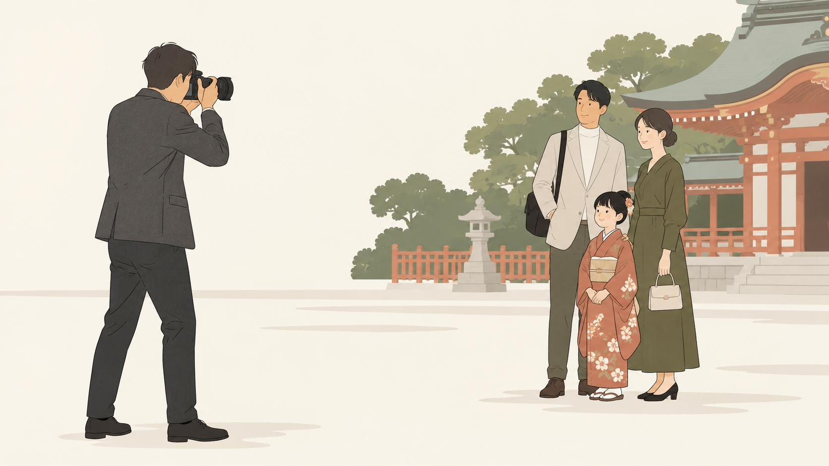 親も子どもと一緒に家族写真に入り、別の撮影者がカメラを構える場面