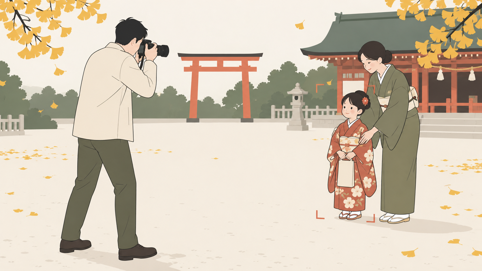 キットレンズを付けたカメラで七五三の子どもを撮影する親