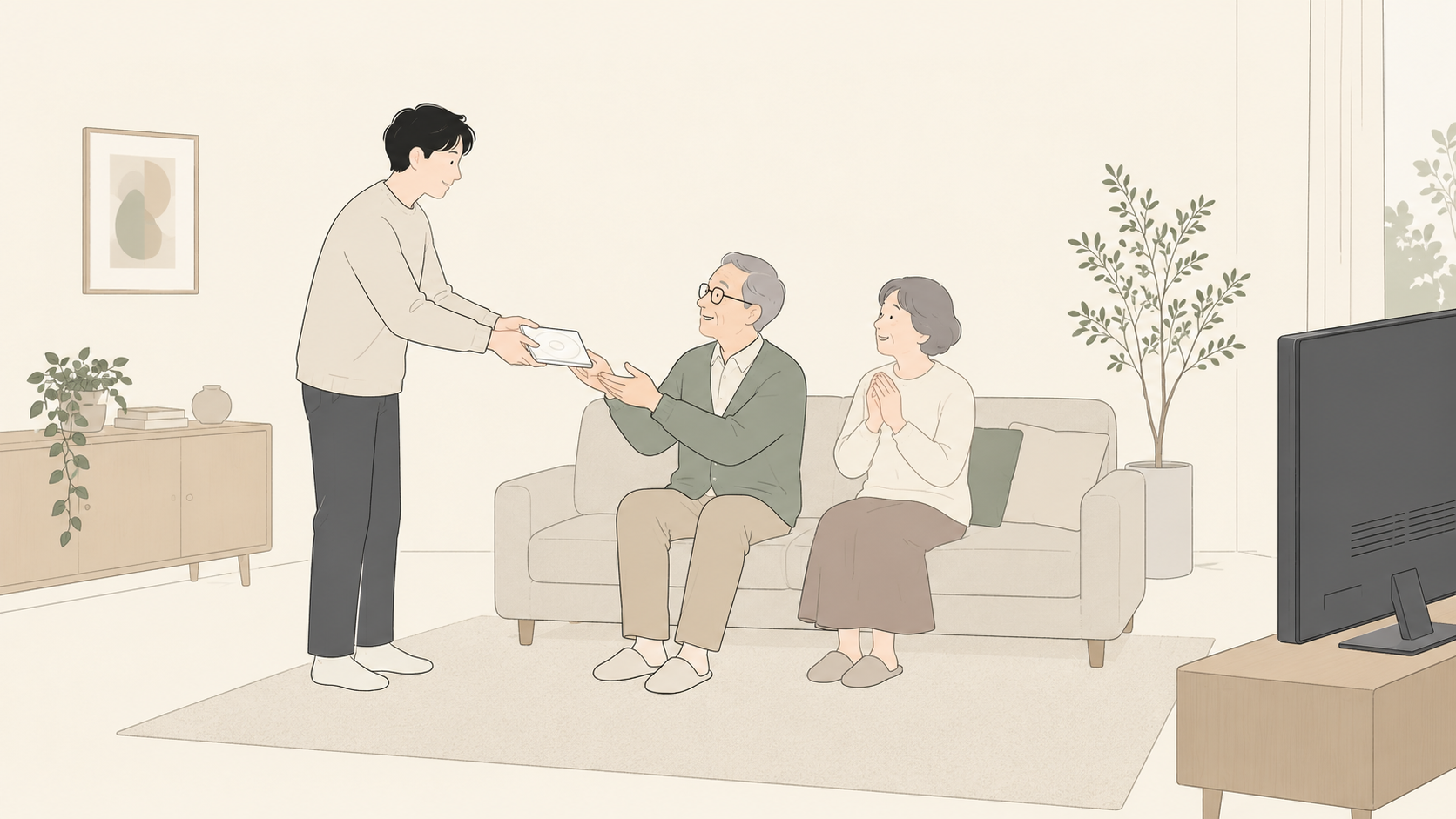 運動会のDVDを祖父母へ渡す場面のイメージ