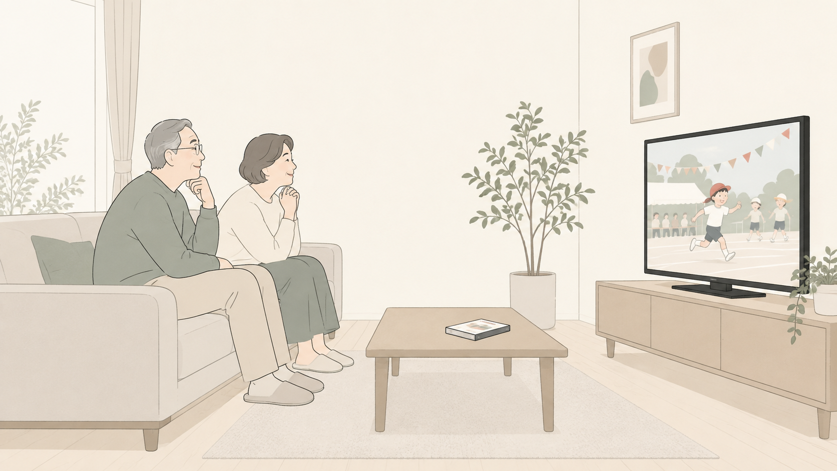 祖父母が自宅のテレビで子どもの行事動画を楽しむ場面の挿絵