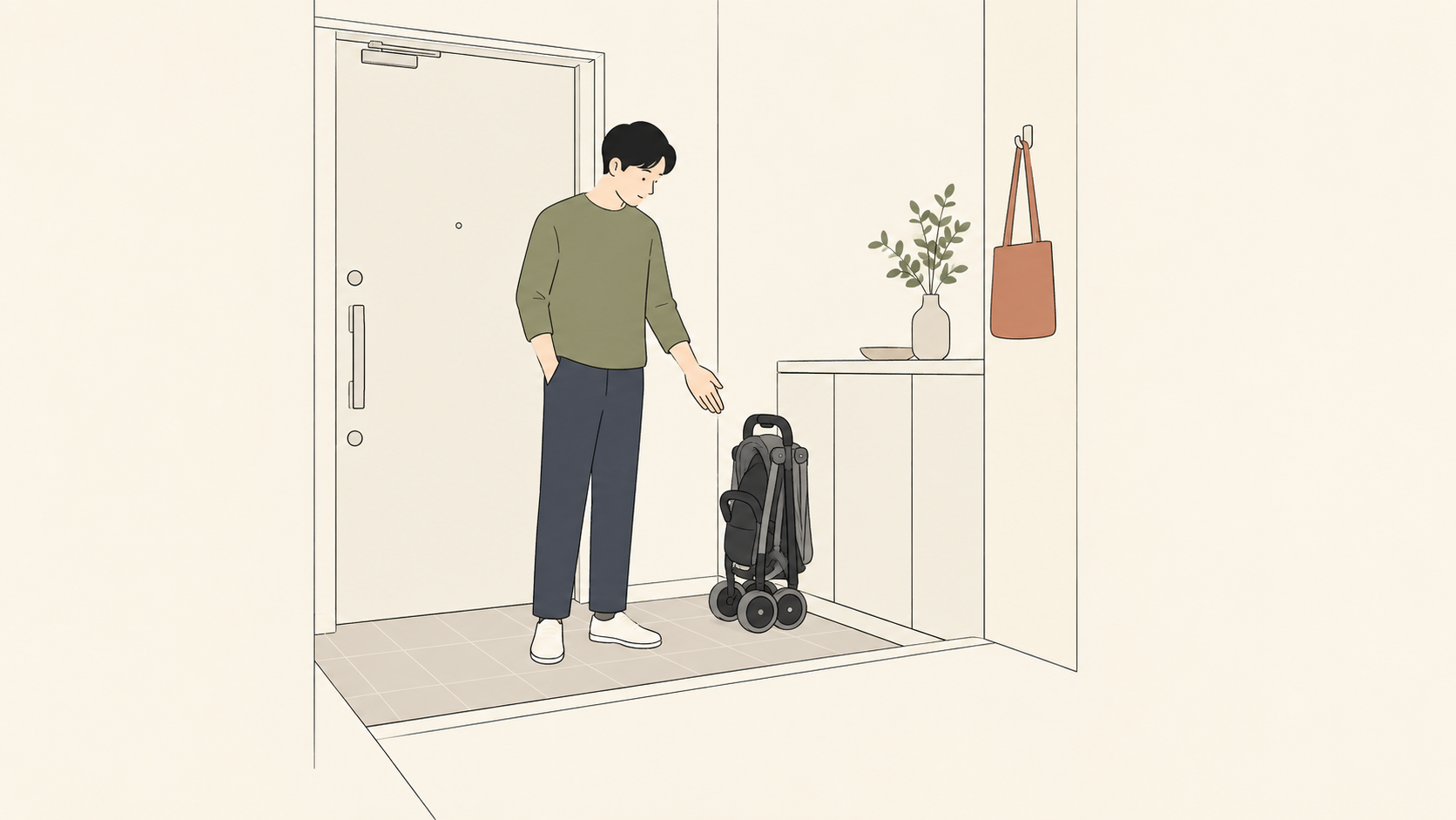 玄関で折りたたんだベビーカーと収納場所を確認する大人