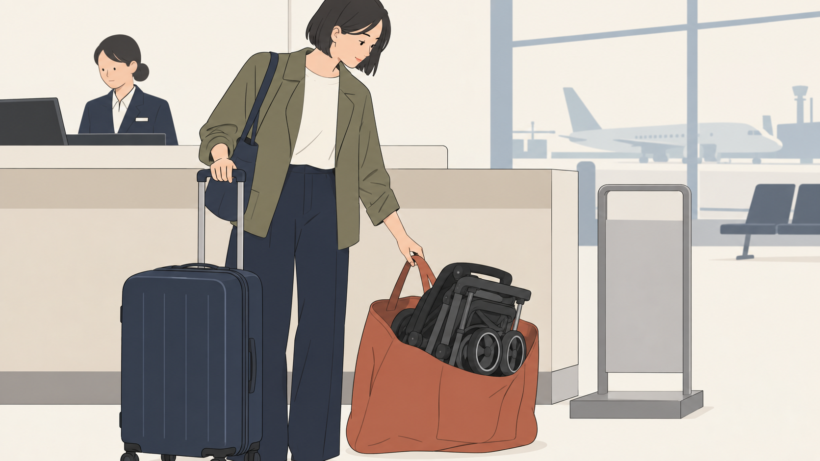 空港で折りたたんだベビーカーと手荷物を確認する大人