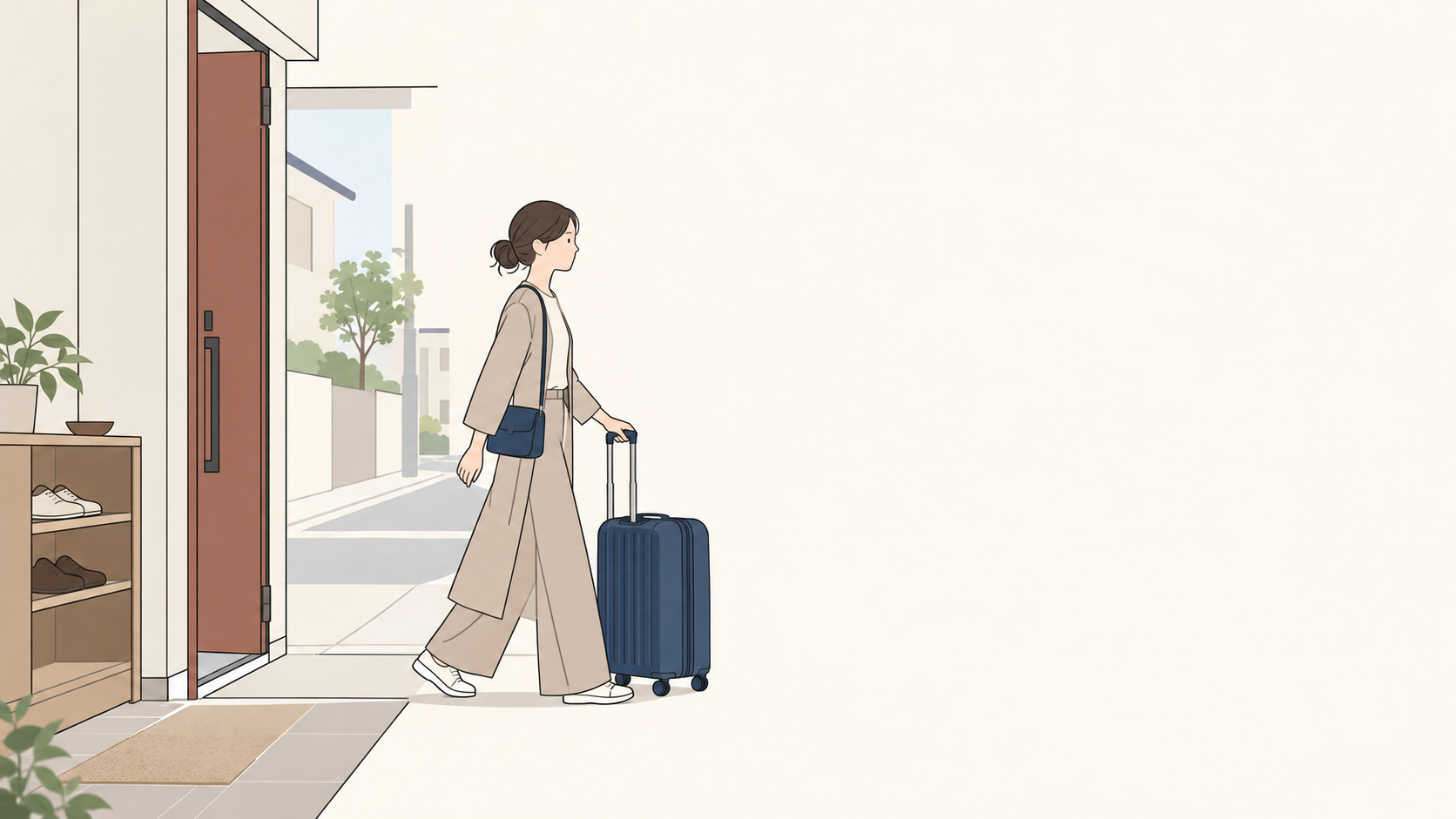 玄関で自分が持ち運べる旅行の荷物を揃え、出発する人のイラスト