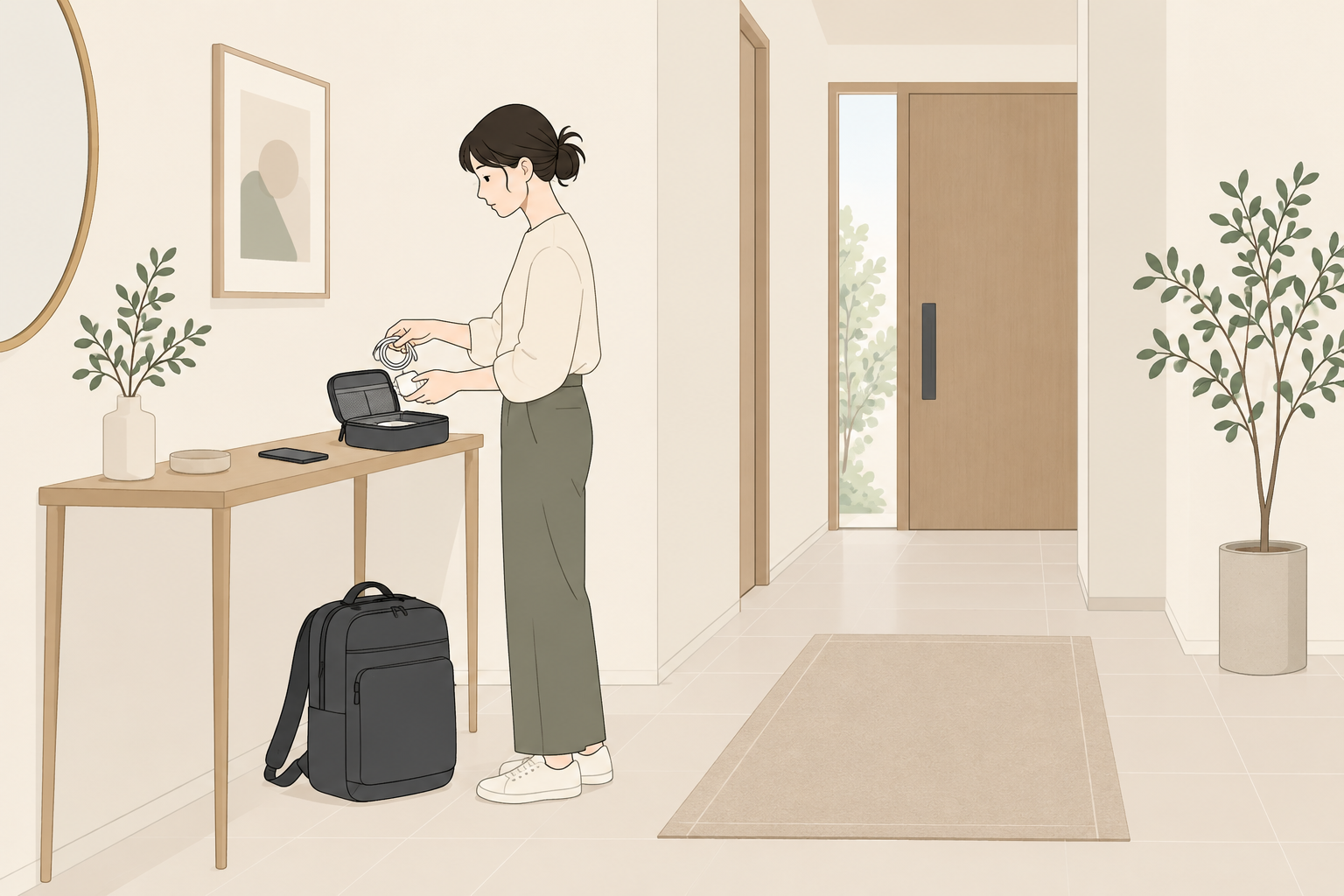 必要な充電器とケーブルを旅行用ポーチにまとめる様子