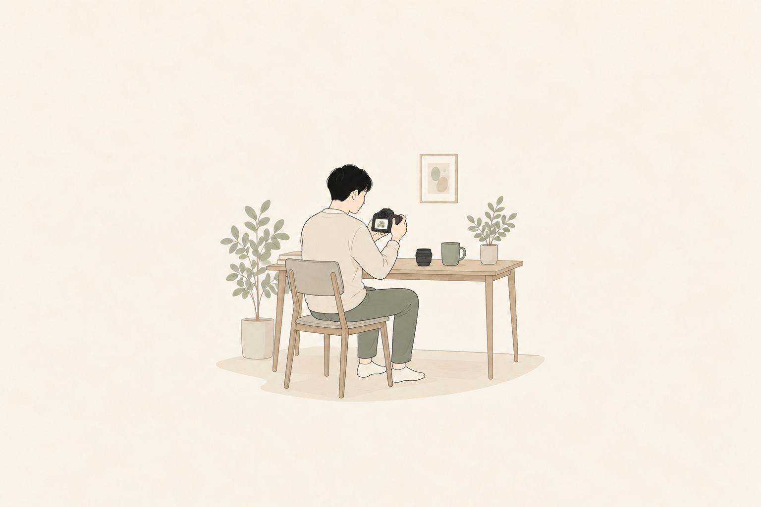家で撮った写真を見ながら、必要な範囲と欲しいぼけを考える親のイラスト