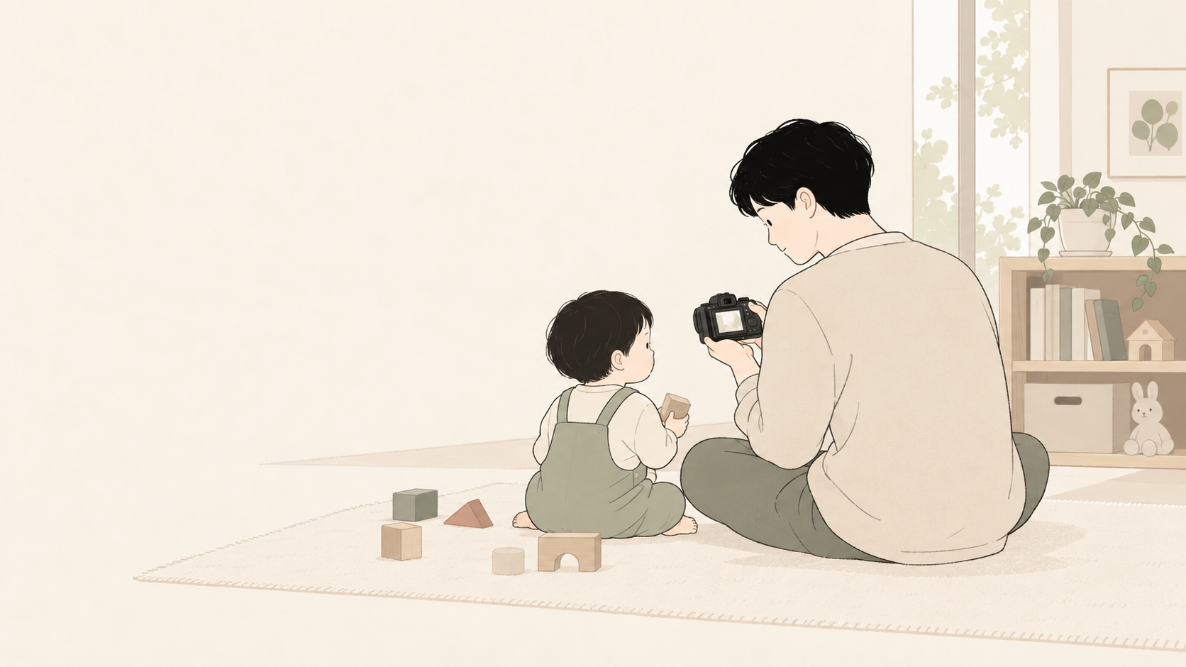 子どものそばでカメラの写真を見返し、残したい構図を確認する親のイラスト