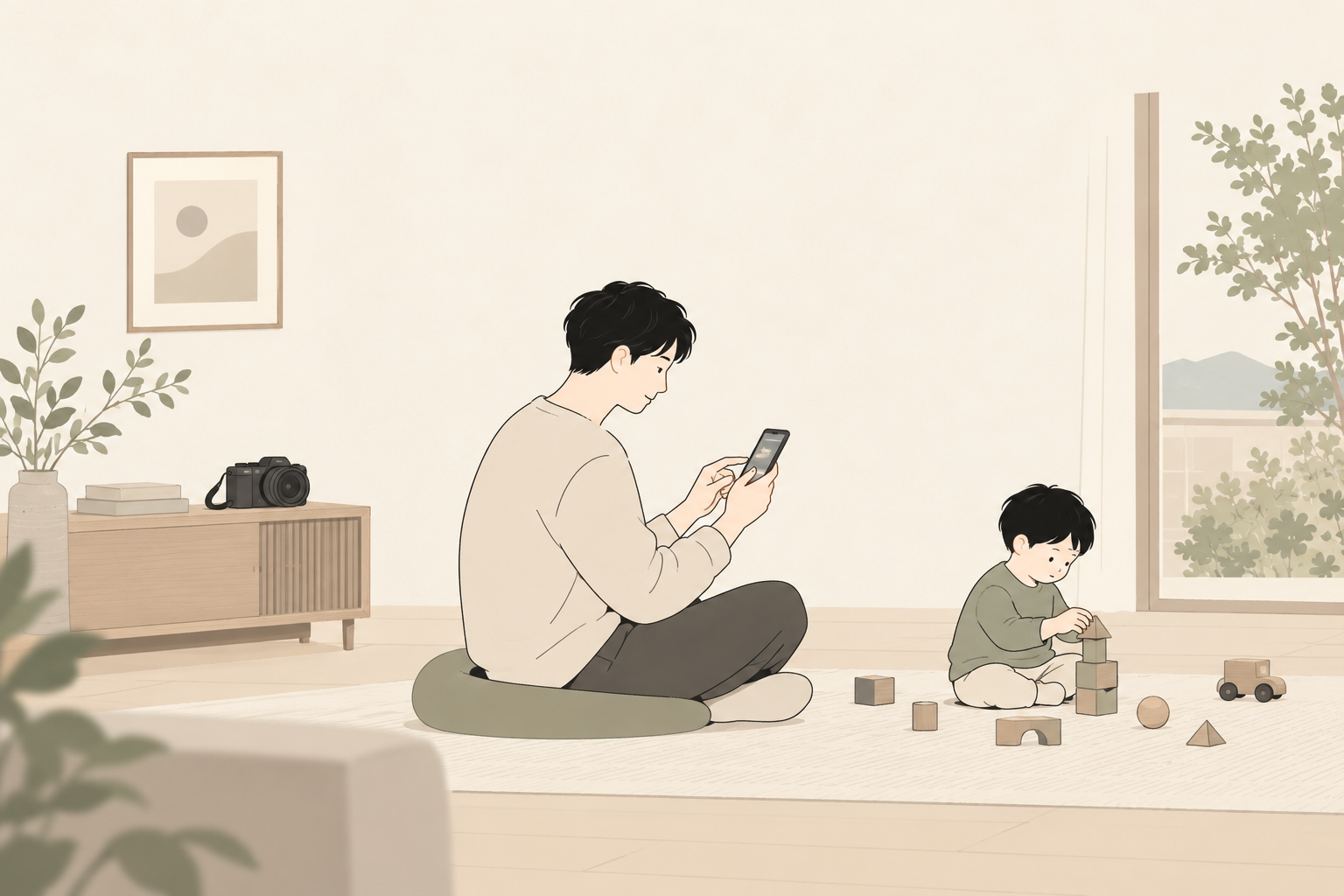 親が家で撮った写真を見返し、そばで子どもが遊んでいるイメージ