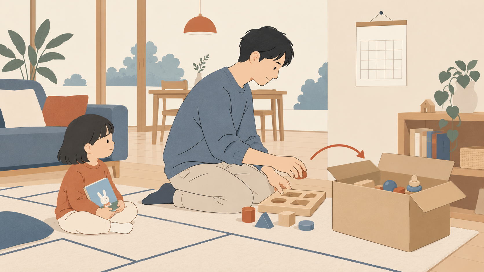 親が箱の中の木製玩具と部品を確認し、返却の準備をするイメージ