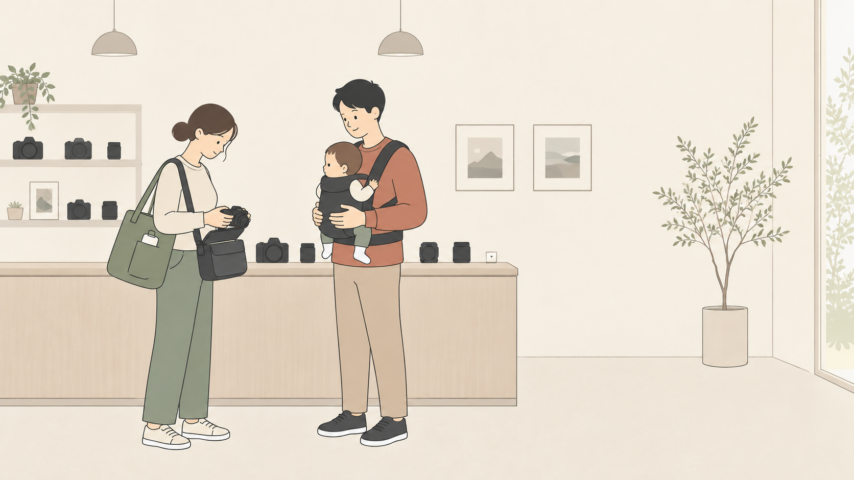 子の世話を交代できる状況で、店頭でいつものバッグからカメラを取り出して試すイメージ