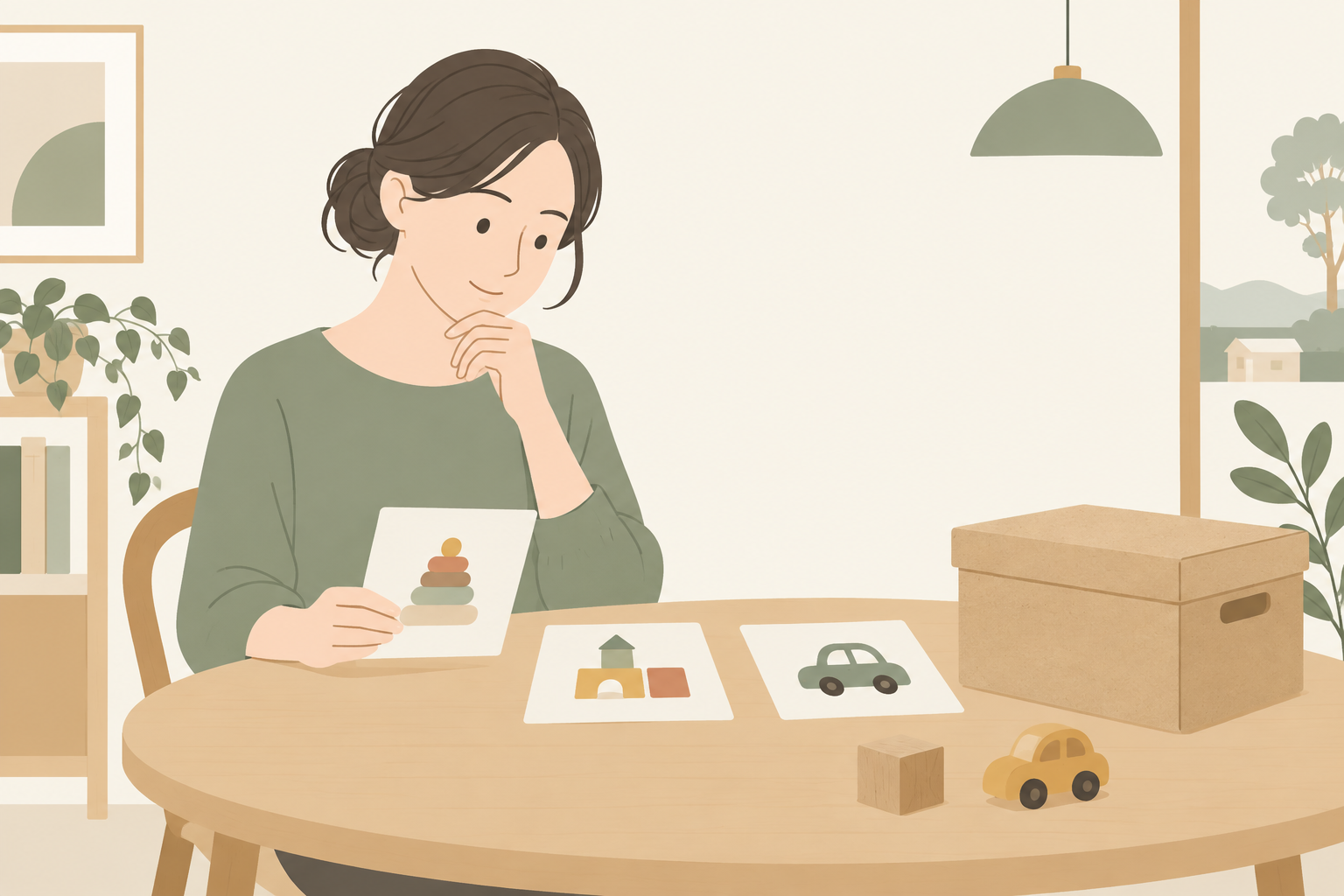 おもちゃのカタログと箱を前に、選び方を考える大人のイラスト