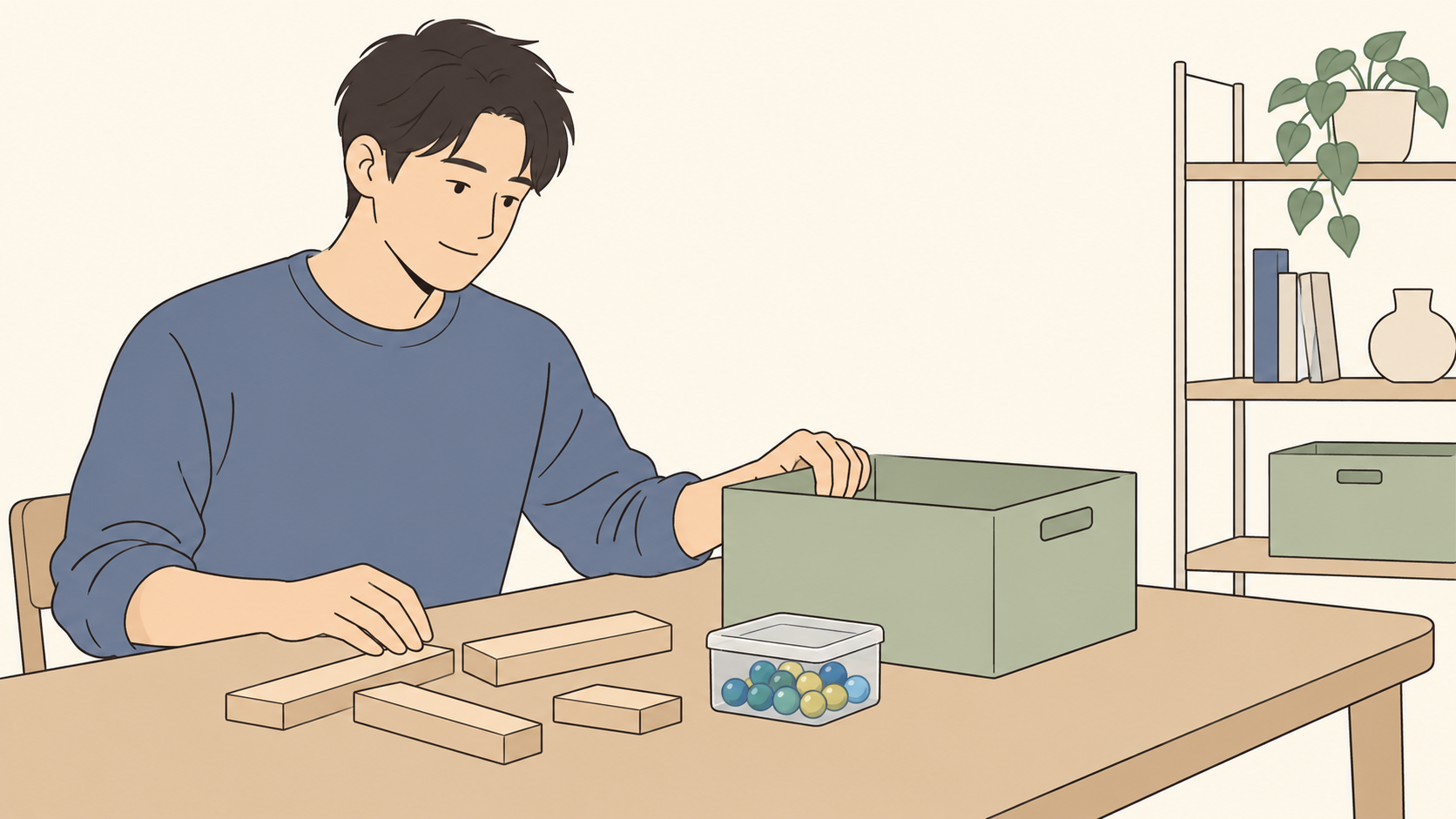 木の板と小部品の容器、収納箱を整える保護者のイラスト