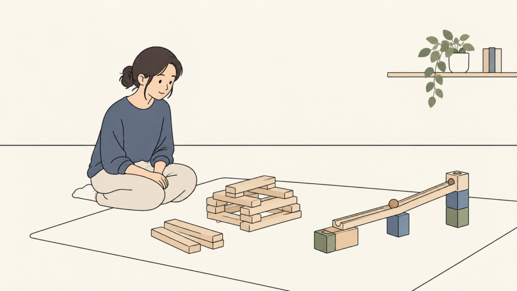 板を積む遊びと玉の道を作る遊びを前に、用意を考える保護者のイラスト