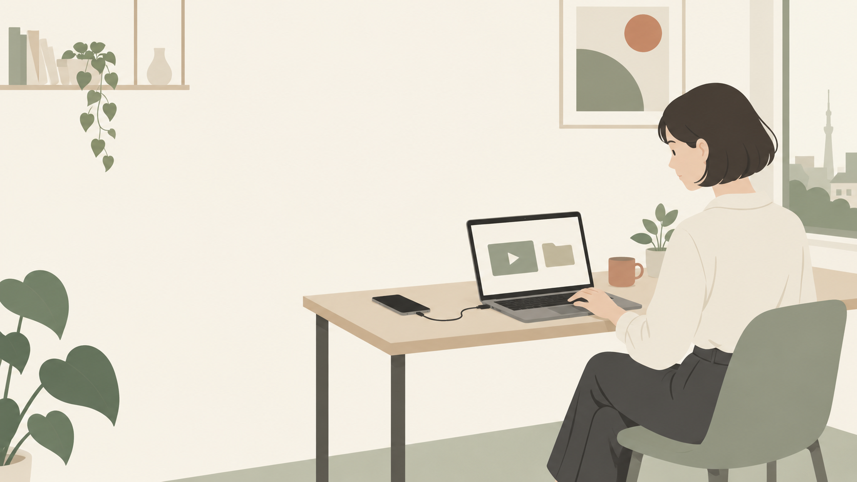 自宅で撮影用スマホをPCにつなぎ動画を保存する成人のイラスト