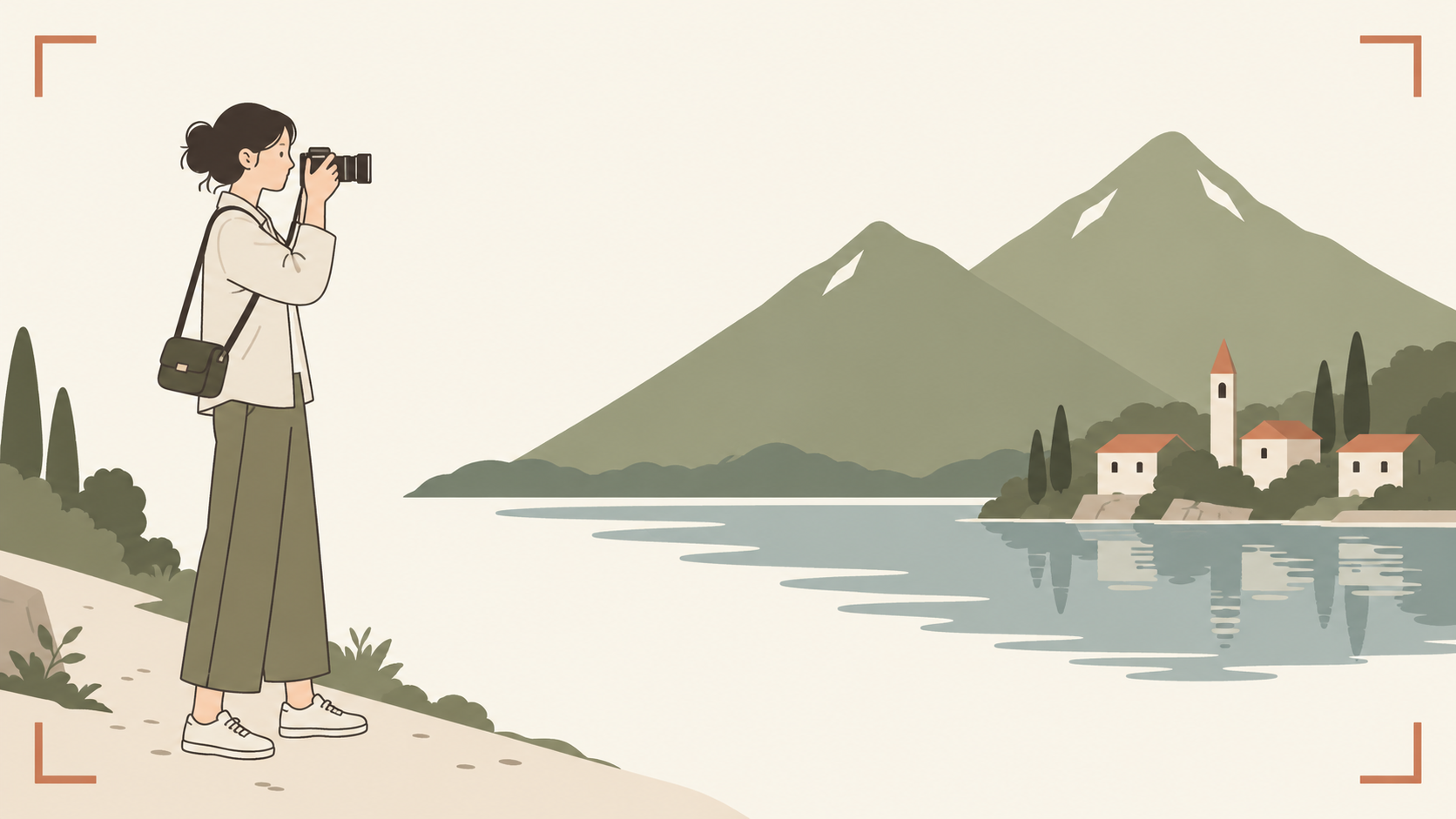 旅行先でズームレンズを使い景色を撮る場面のイラスト